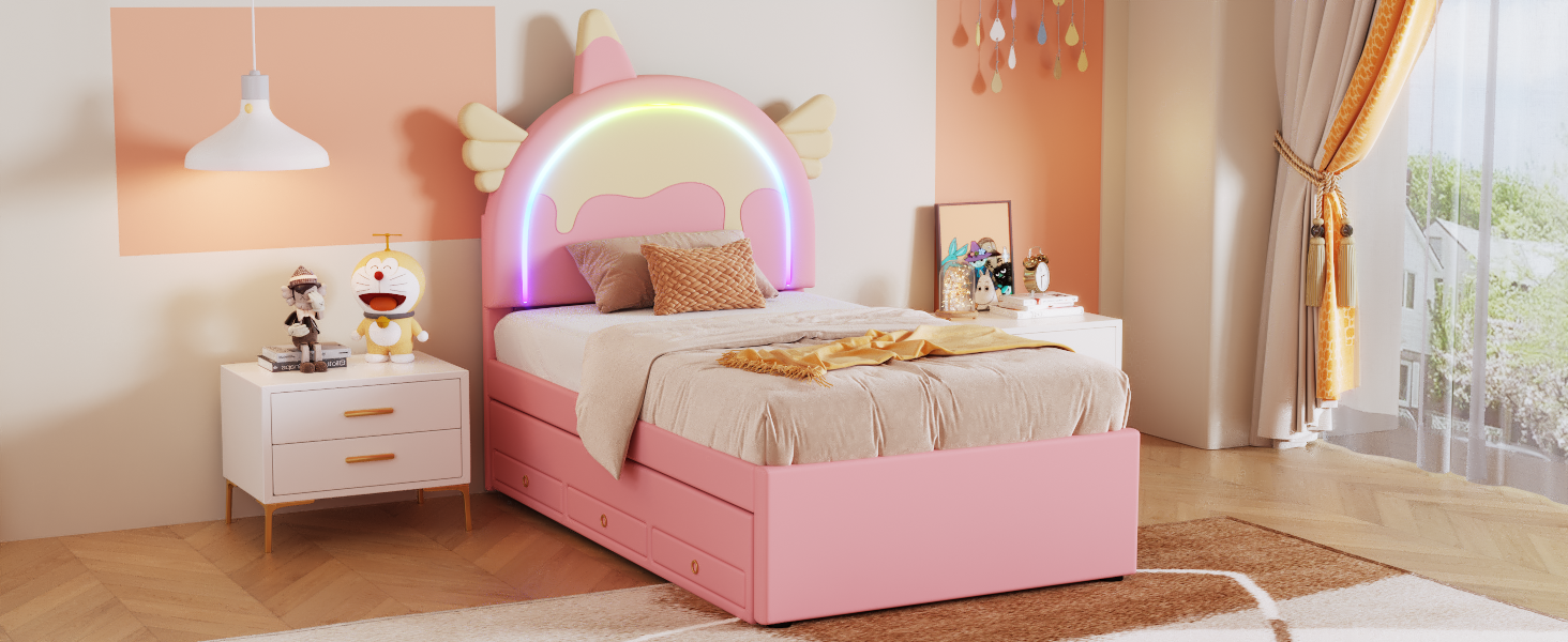 Logidon Eenhoorn Kinderbed 90x200 cm Roze Uitschuifbaar opklapbed