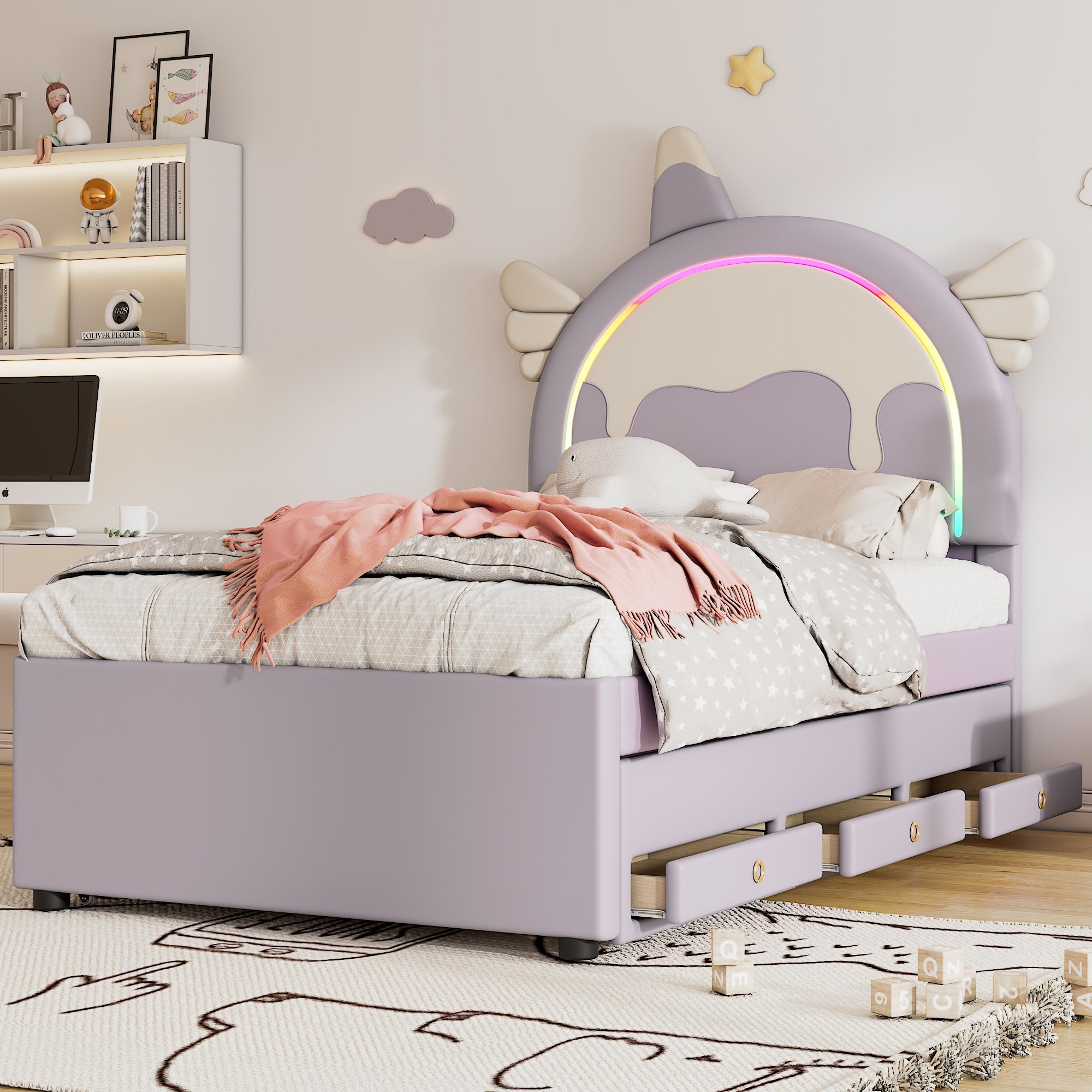 Logidon unicorn children's bed 90x200 cm, pull-out trundle bed, purple