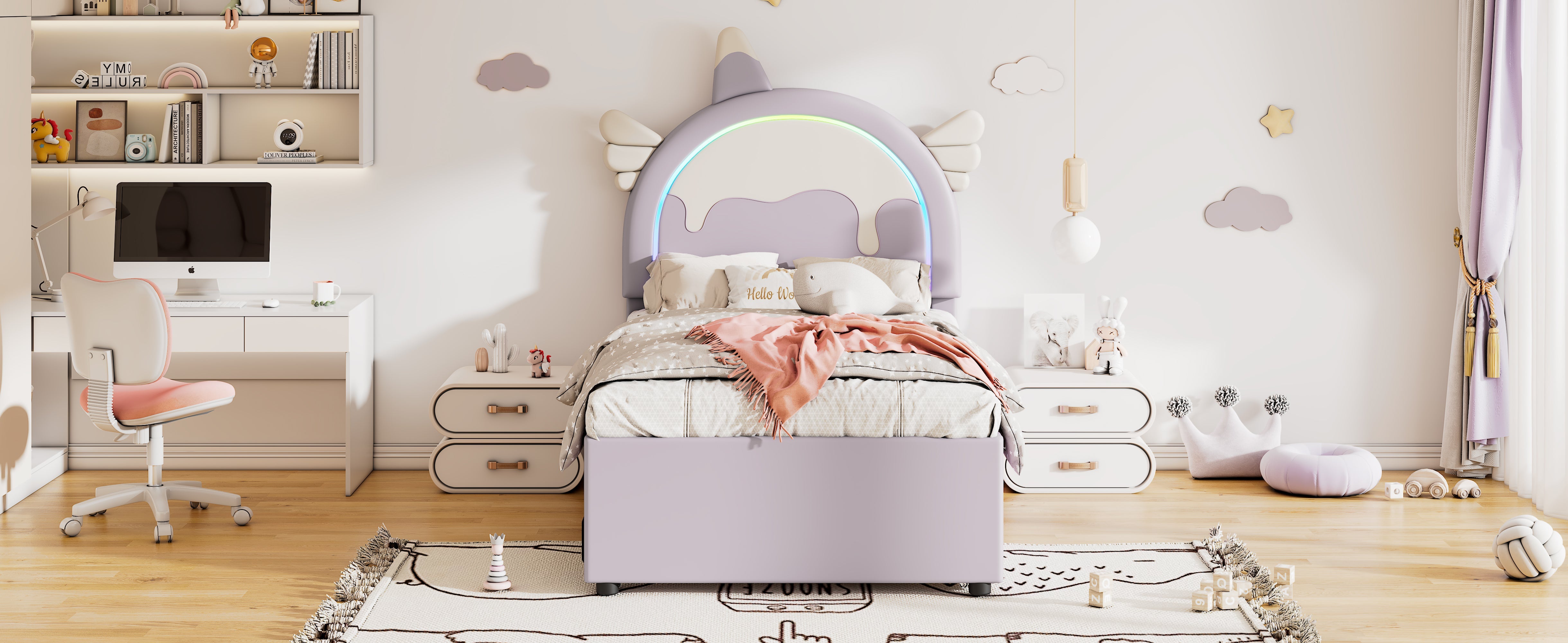 Logidon unicorn children's bed 90x200 cm, pull-out trundle bed, purple