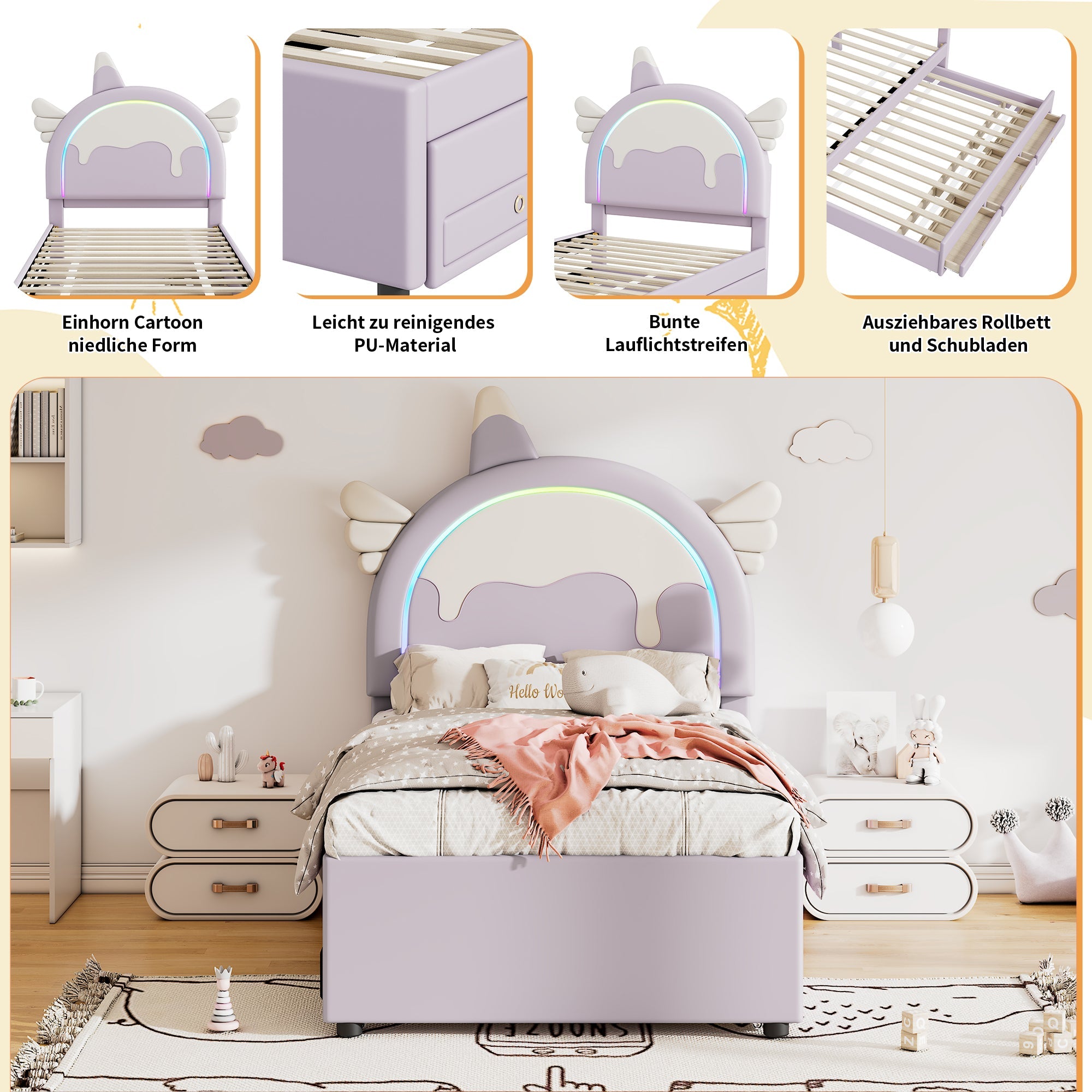 Logidon unicorn children's bed 90x200 cm, pull-out trundle bed, purple