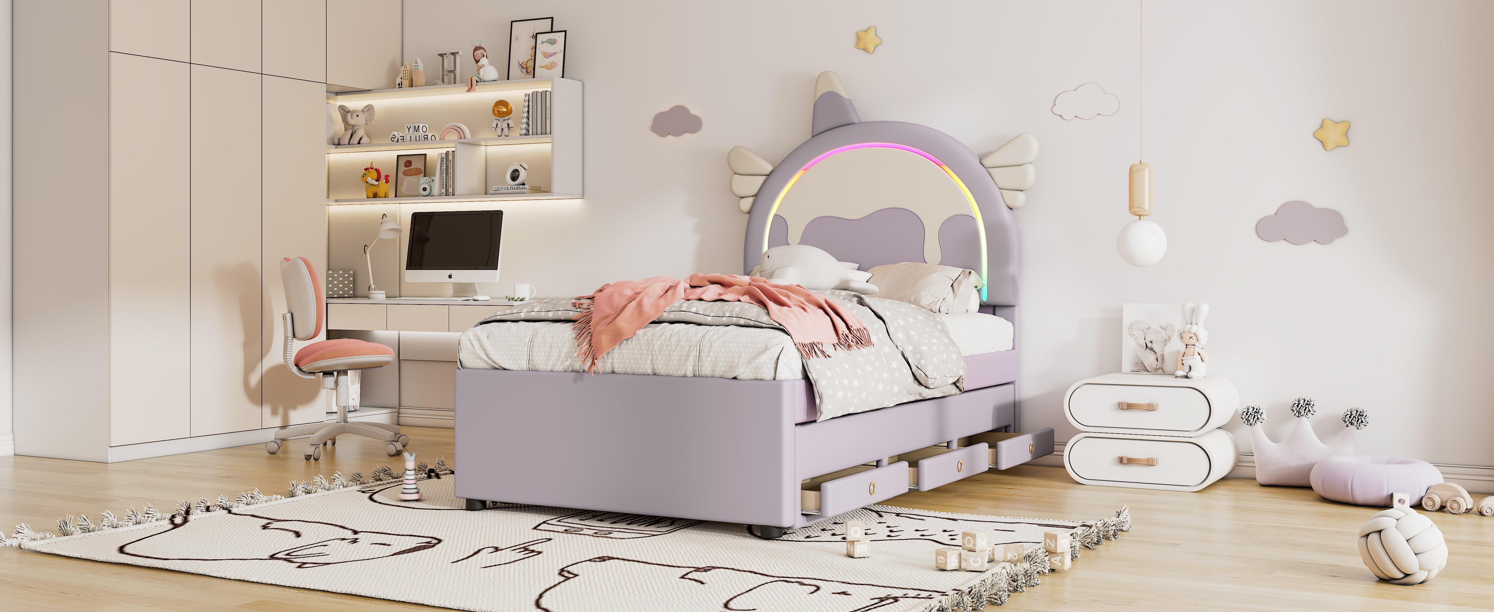 Logidon unicorn children's bed 90x200 cm, pull-out trundle bed, purple