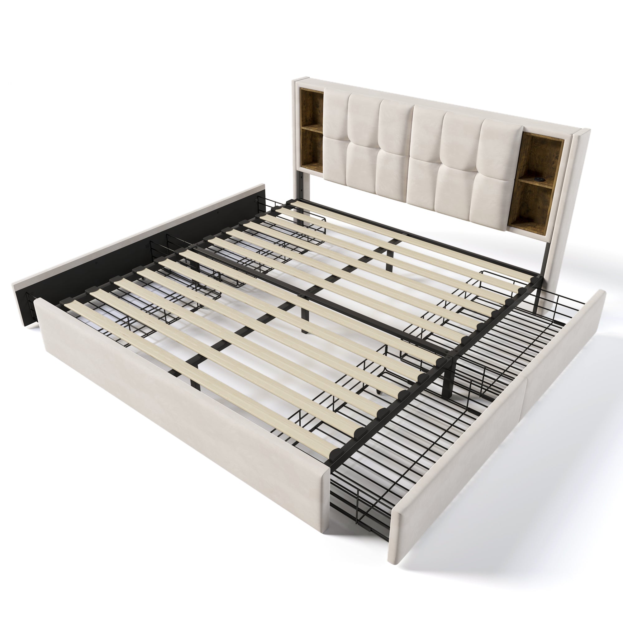 Logidon tweepersoonsbed met draadloos opladen USB C en 4 lades beige