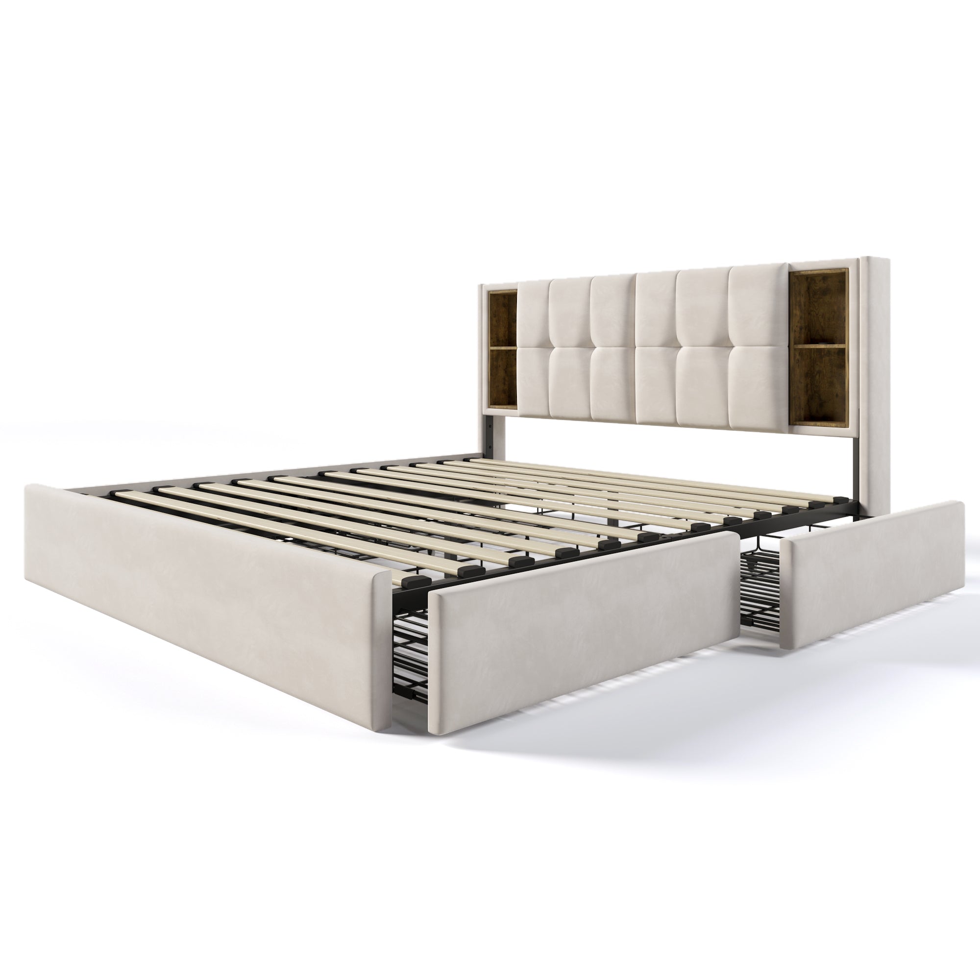 Logidon tweepersoonsbed met draadloos opladen USB C en 4 lades beige