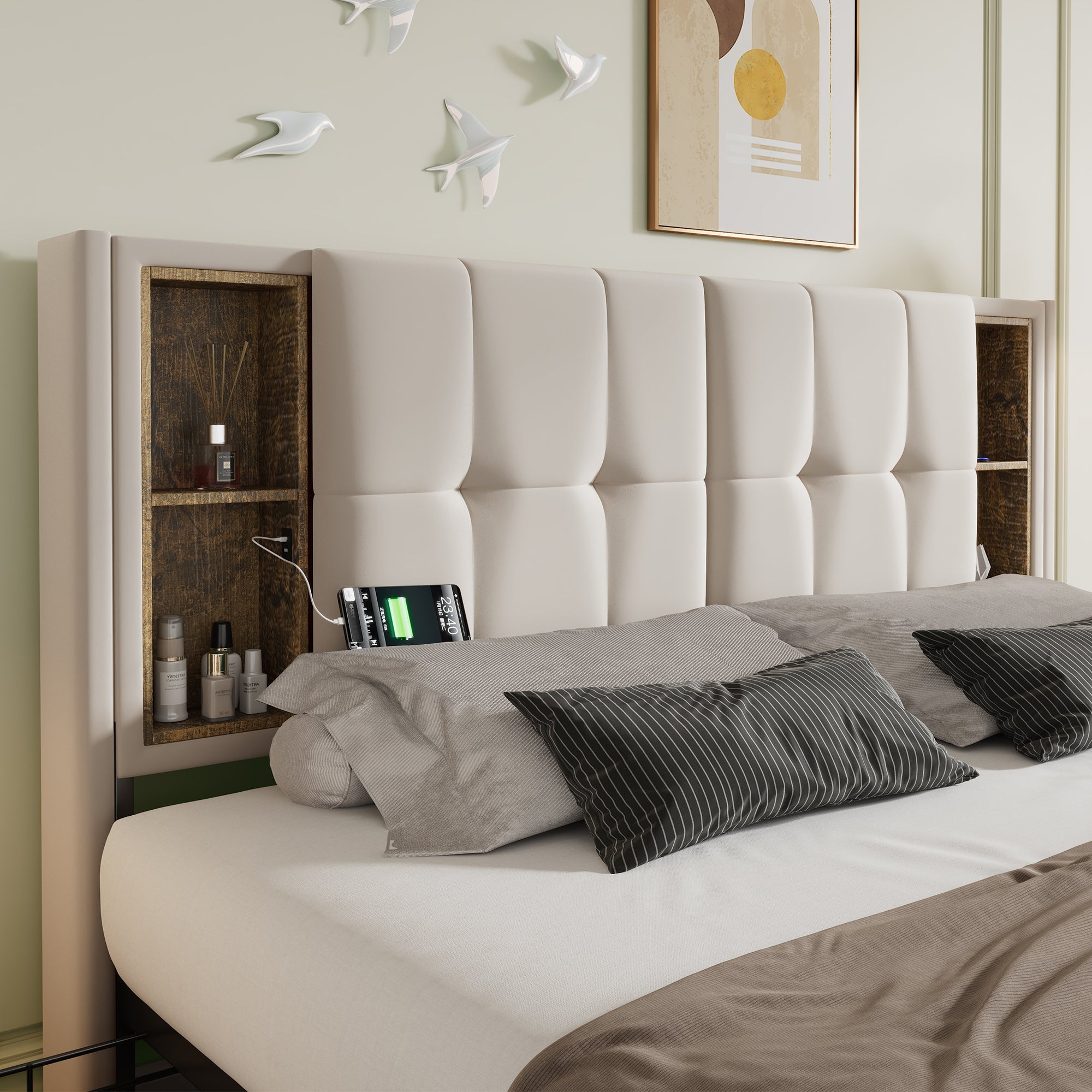 Logidon Tweepersoonsbed Draadloos Opladen Usb C 4 Laden Beige 160x200
