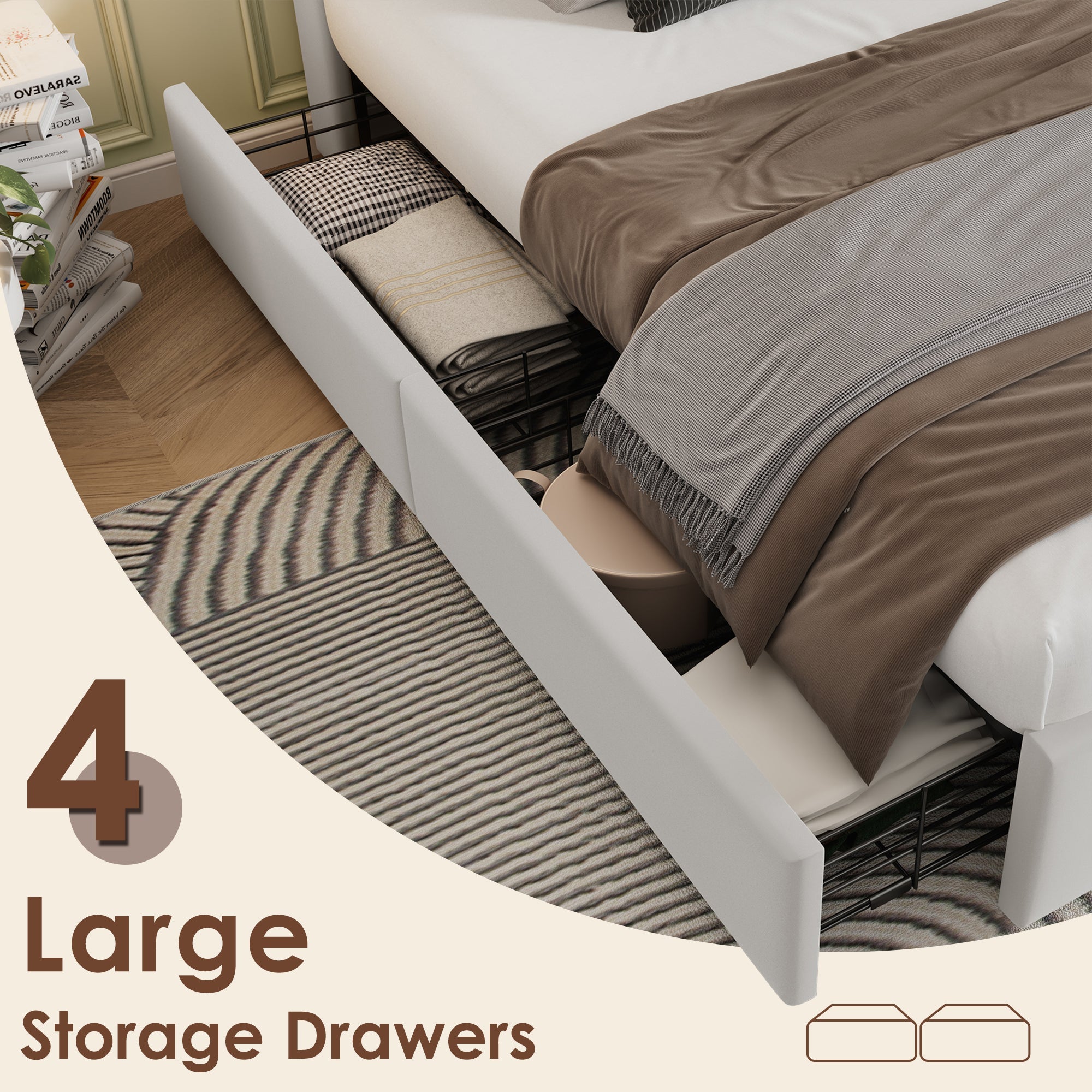 Logidon tweepersoonsbed met draadloos opladen USB C en 4 lades beige