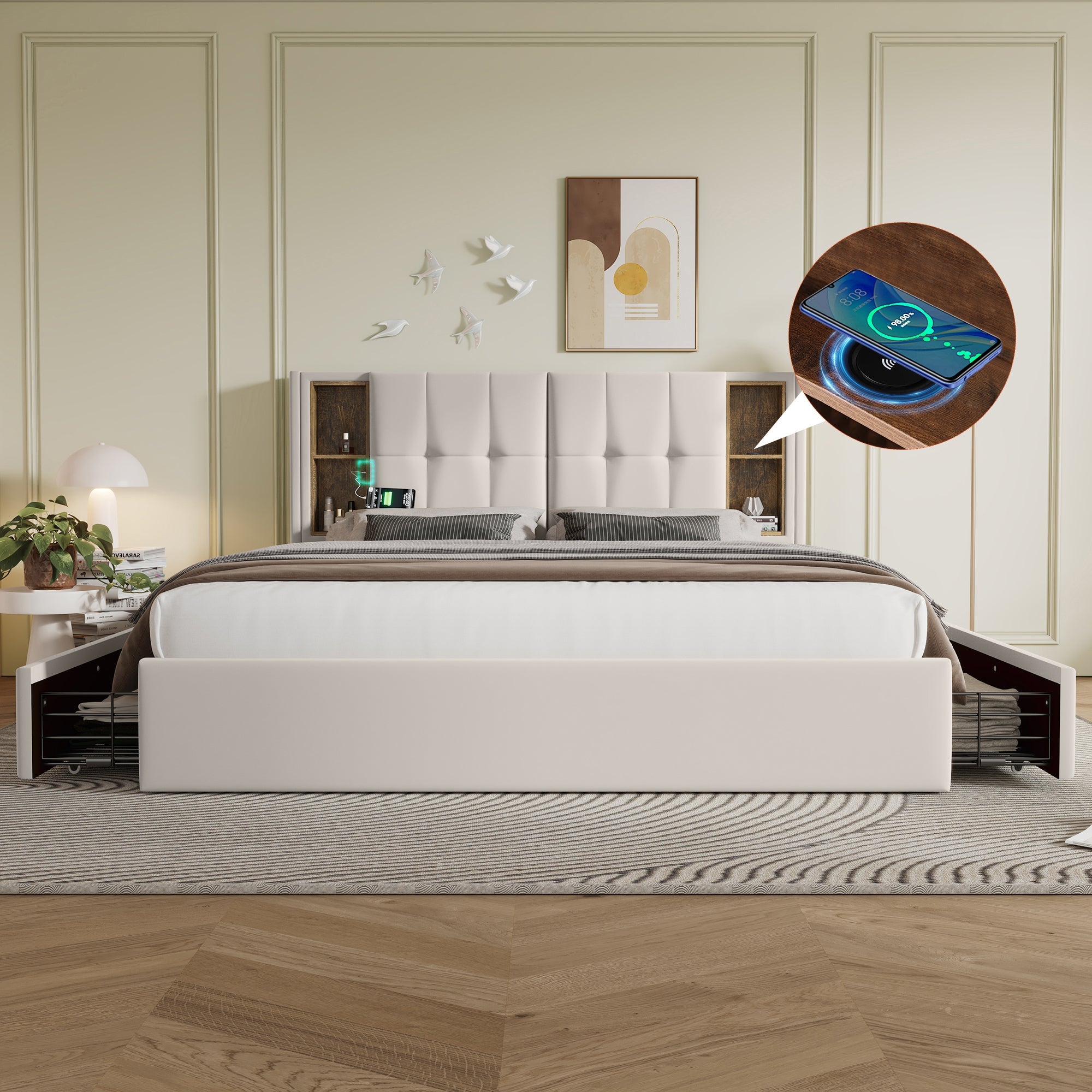 Logidon tweepersoonsbed met draadloos opladen USB C en 4 lades beige