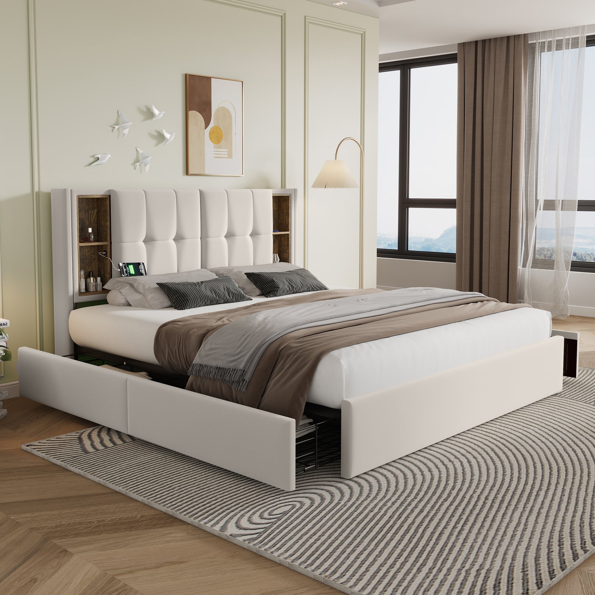 Logidon tweepersoonsbed met draadloos opladen USB C en 4 lades beige