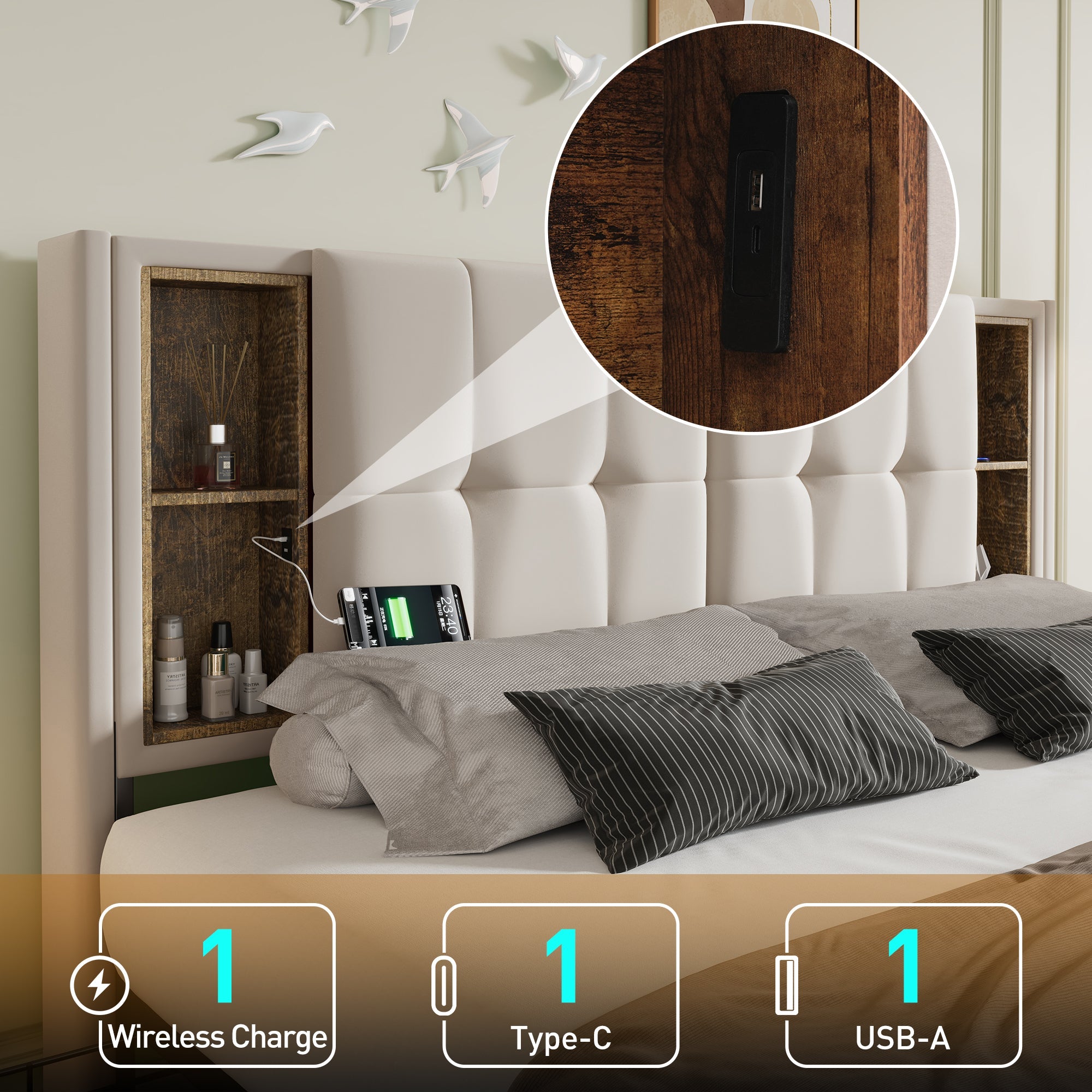 Logidon Tweepersoonsbed Draadloos Opladen Usb C 4 Laden Beige 160x200