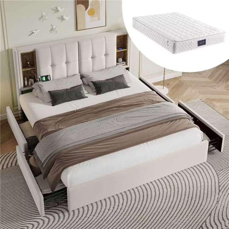 Logidon Tweepersoonsbed Draadloos Opladen Usb C 4 Laden Beige 160x200