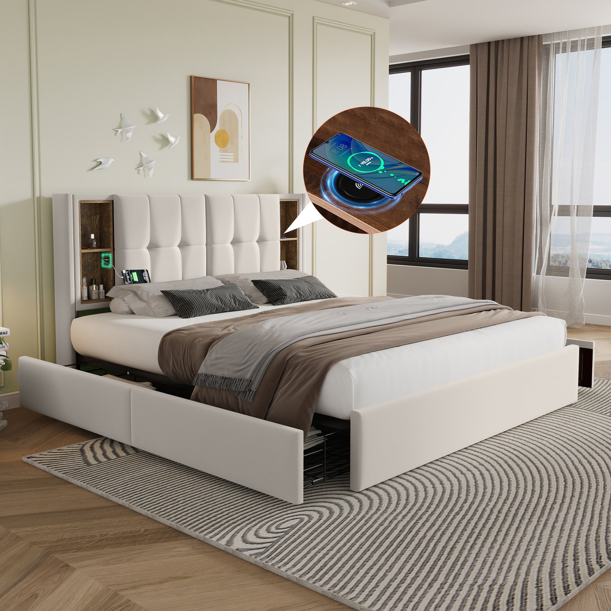 Logidon Tweepersoonsbed Draadloos Opladen Usb C 4 Laden Beige 160x200