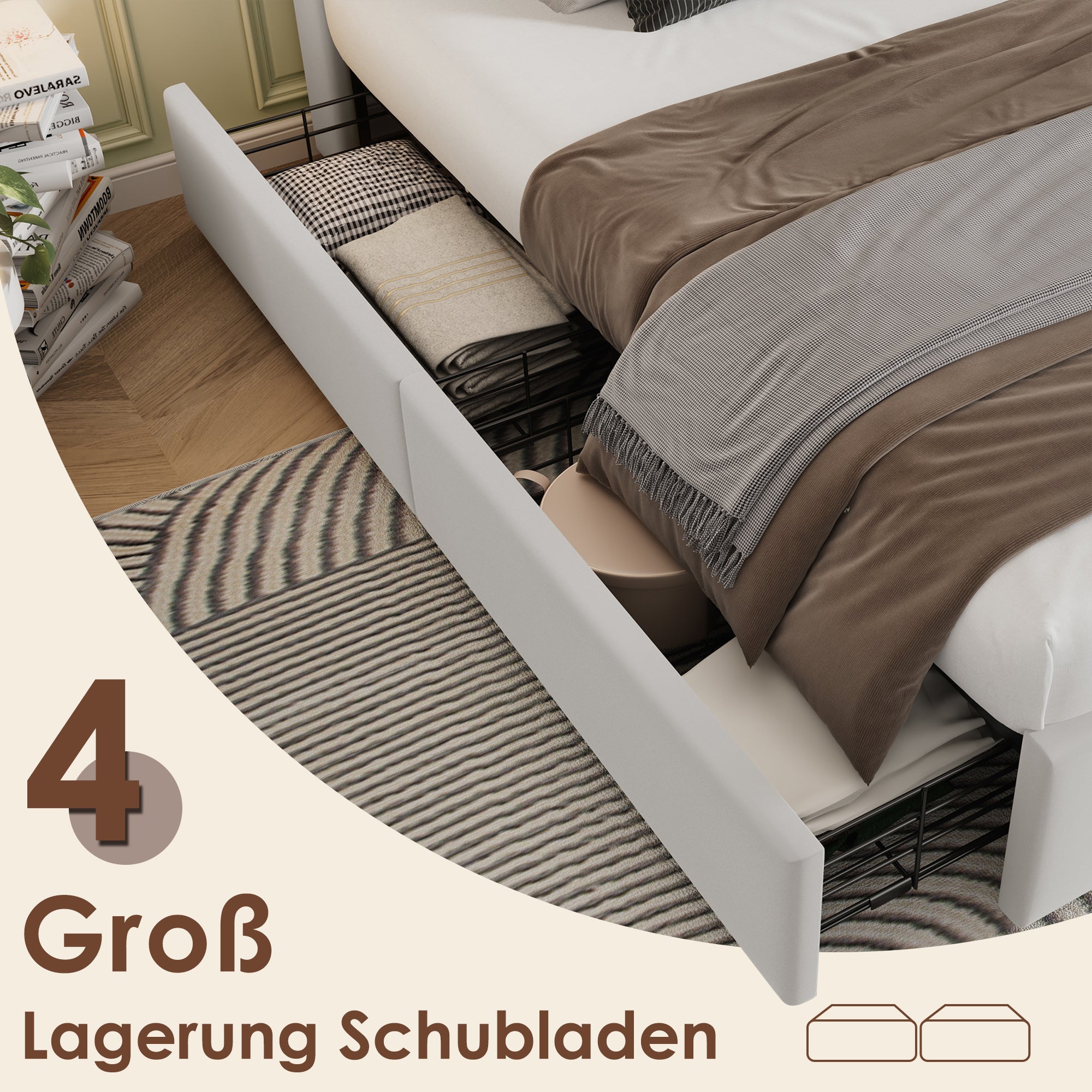 Logidon tweepersoonsbed met draadloos opladen USB C en 4 lades beige
