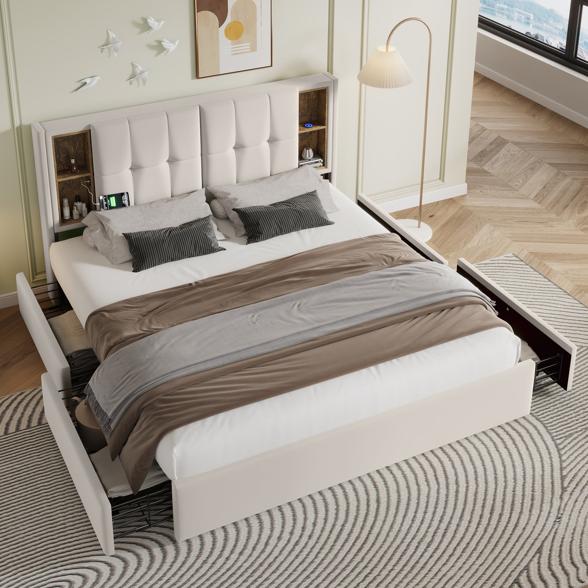 Logidon tweepersoonsbed met draadloos opladen USB C en 4 lades beige