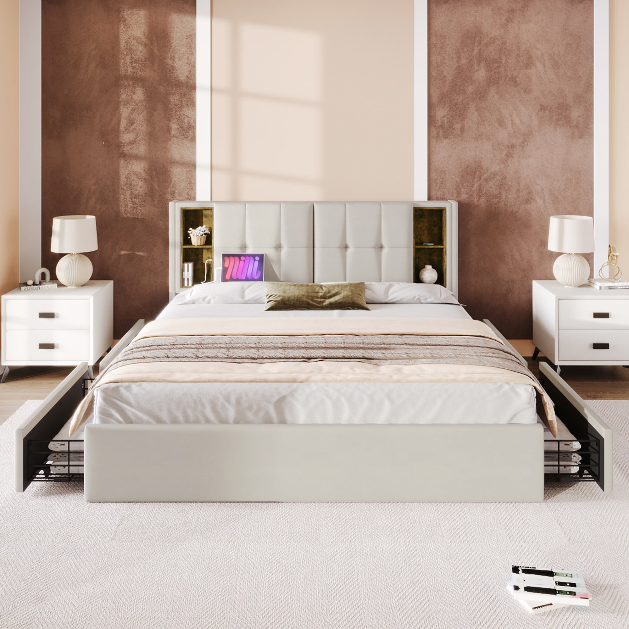 Logidon tweepersoonsbed met draadloos opladen USB C en 4 lades beige