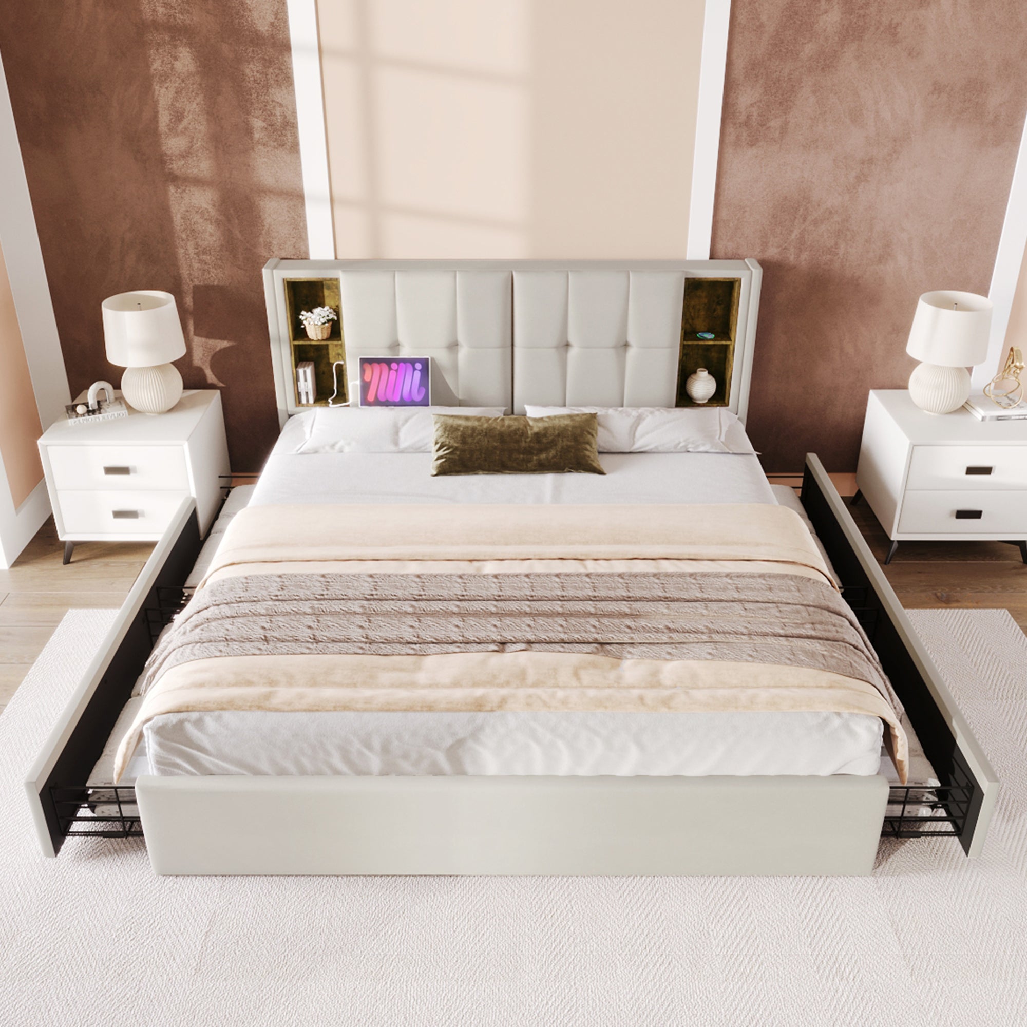 Logidon tweepersoonsbed met draadloos opladen USB C en 4 lades beige