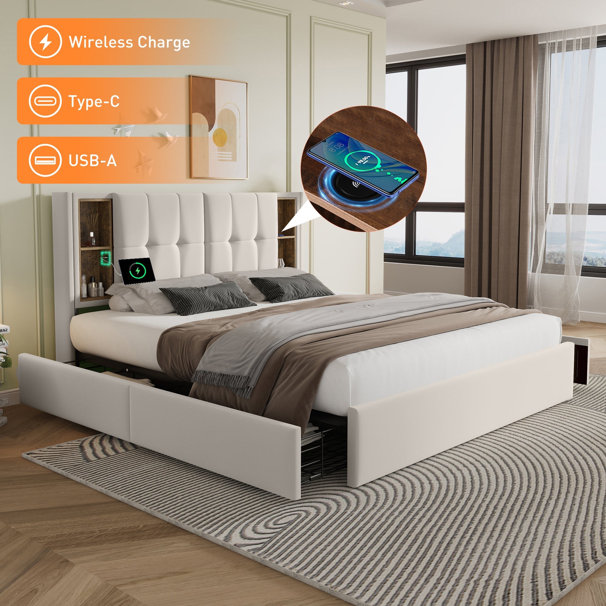 Logidon tweepersoonsbed met draadloos opladen USB C en 4 lades beige