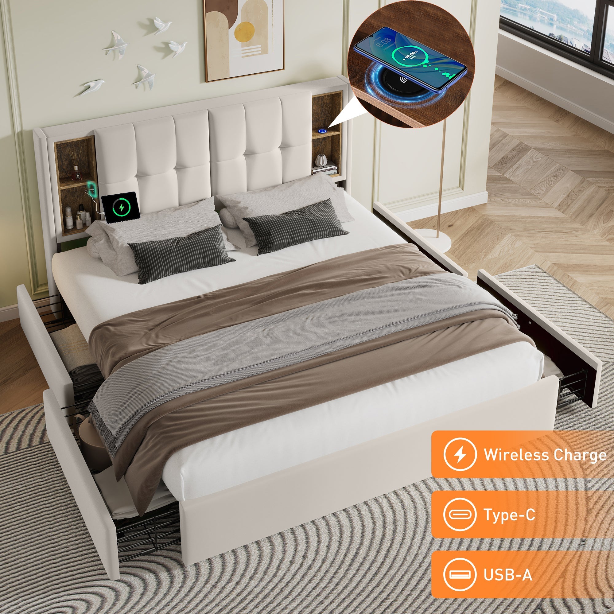 Logidon tweepersoonsbed met draadloos opladen USB C en 4 lades beige