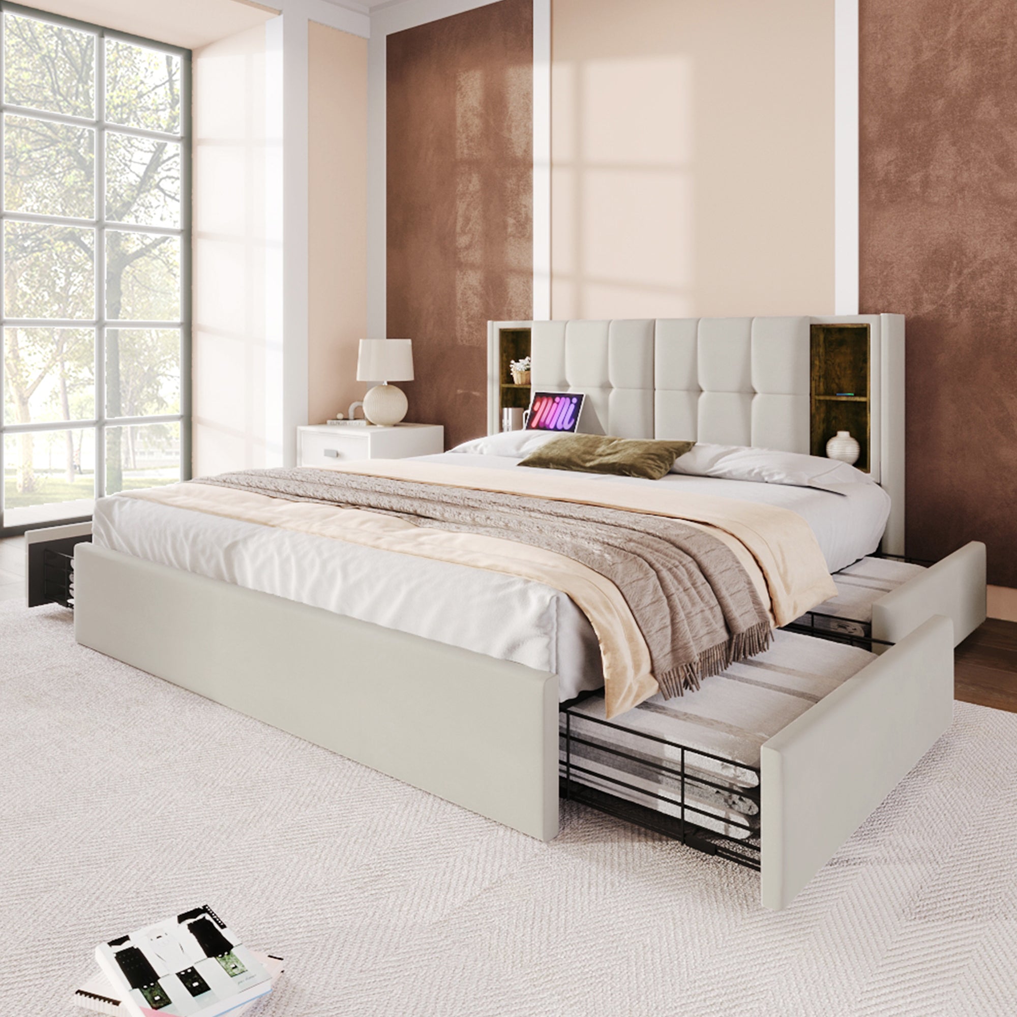 Logidon tweepersoonsbed met draadloos opladen USB C en 4 lades beige