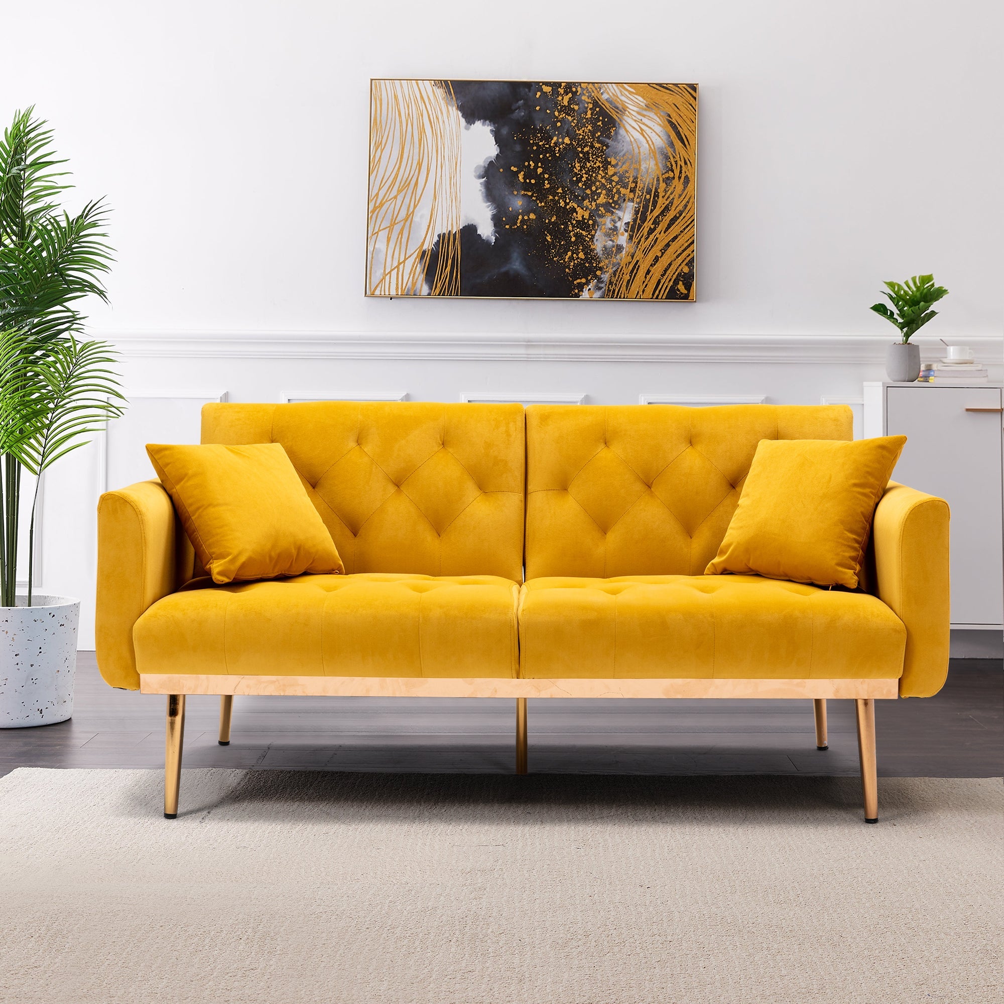 Logidon Luxe 3-zits designbank mosterdgeel fluweel slaapbank 3 posities