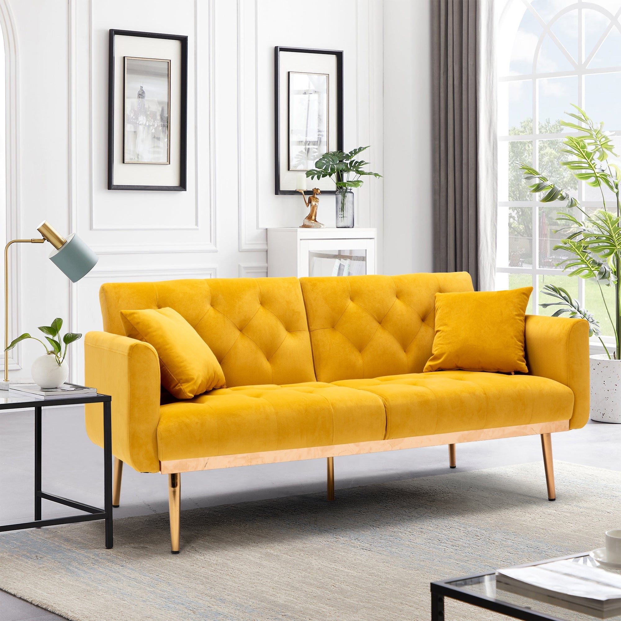 Logidon Luxe 3-zits designbank mosterdgeel fluweel slaapbank 3 posities
