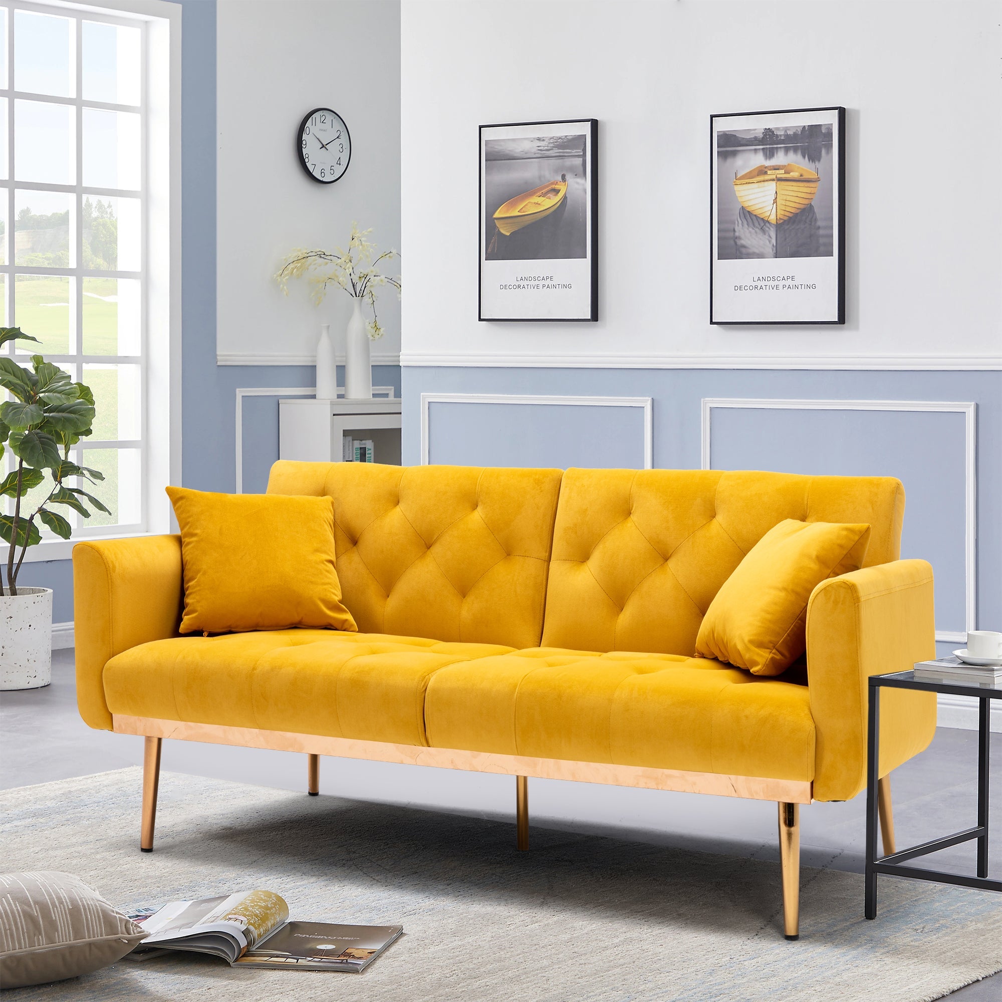 Logidon Luxe 3-zits designbank mosterdgeel fluweel slaapbank 3 posities