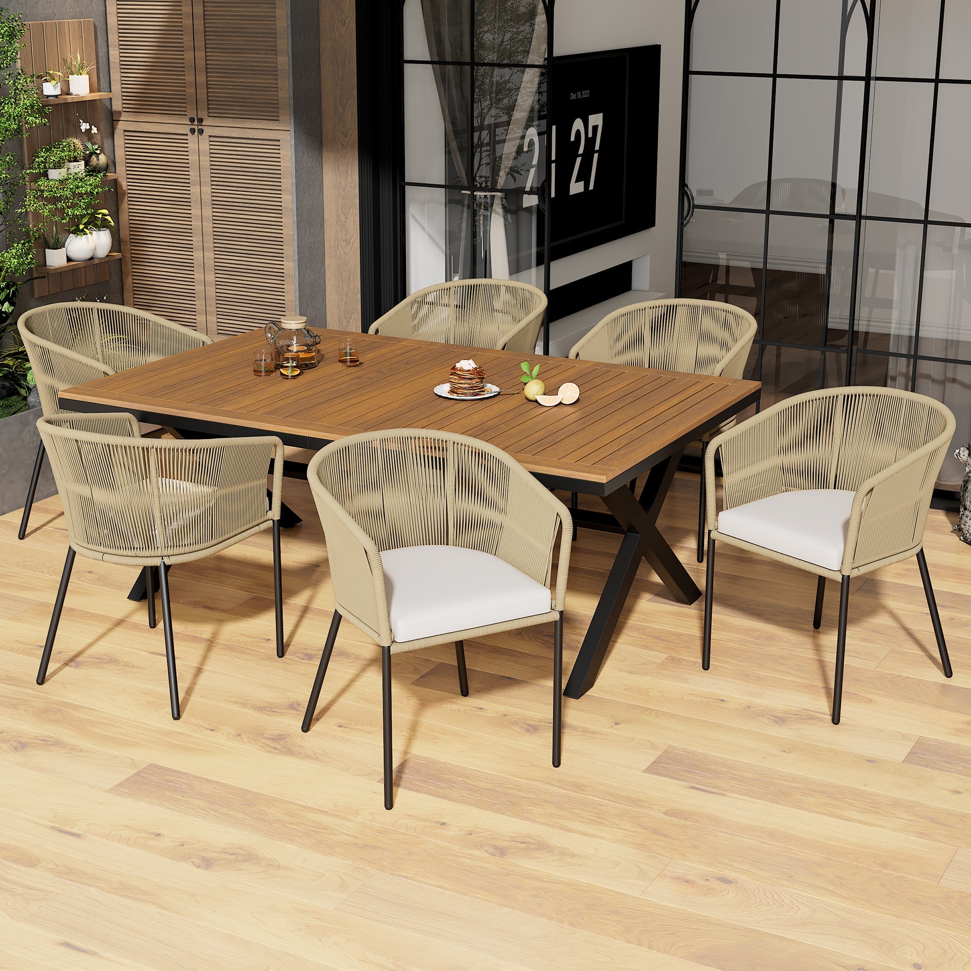 Logidon Tuineetset 7-delig Rope Lounge met acaciahouten tafel beige kussens