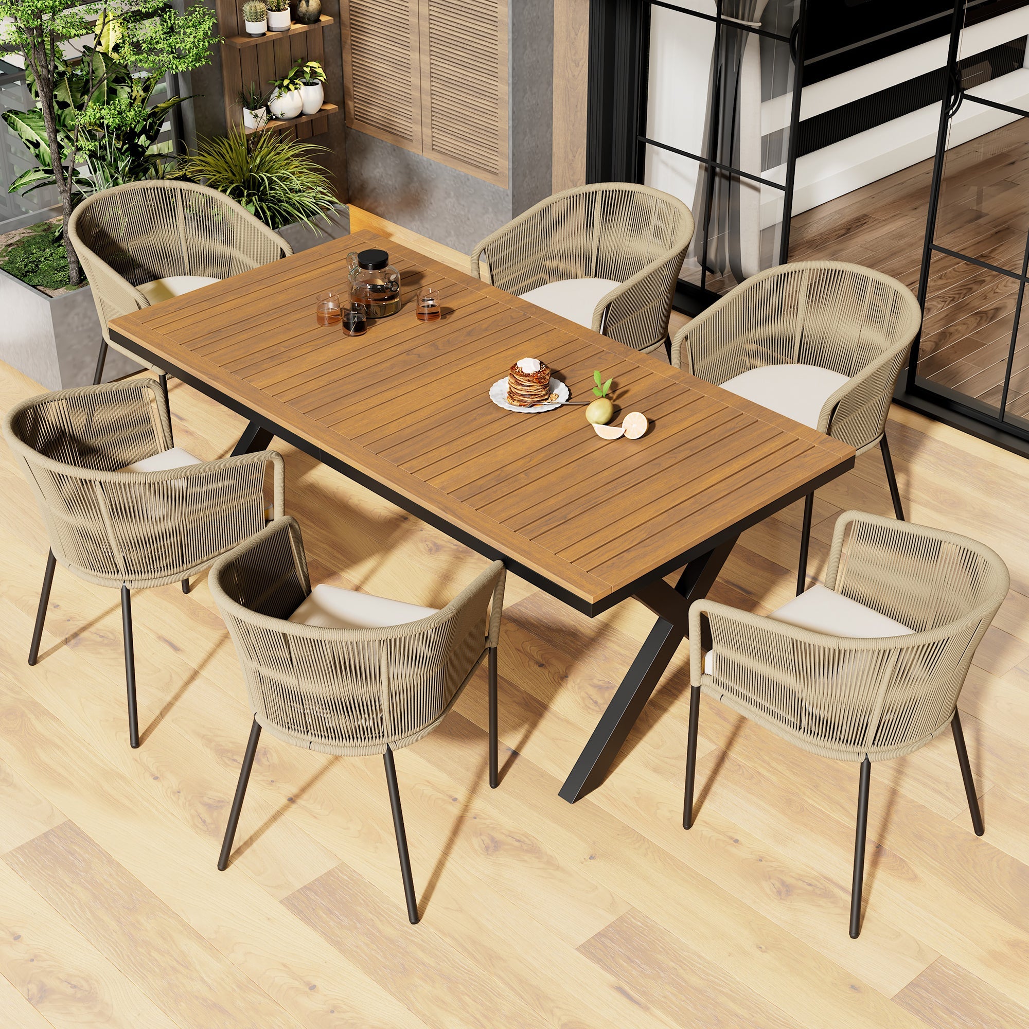 Logidon Tuineetset 7-delig Rope Lounge met acaciahouten tafel beige kussens
