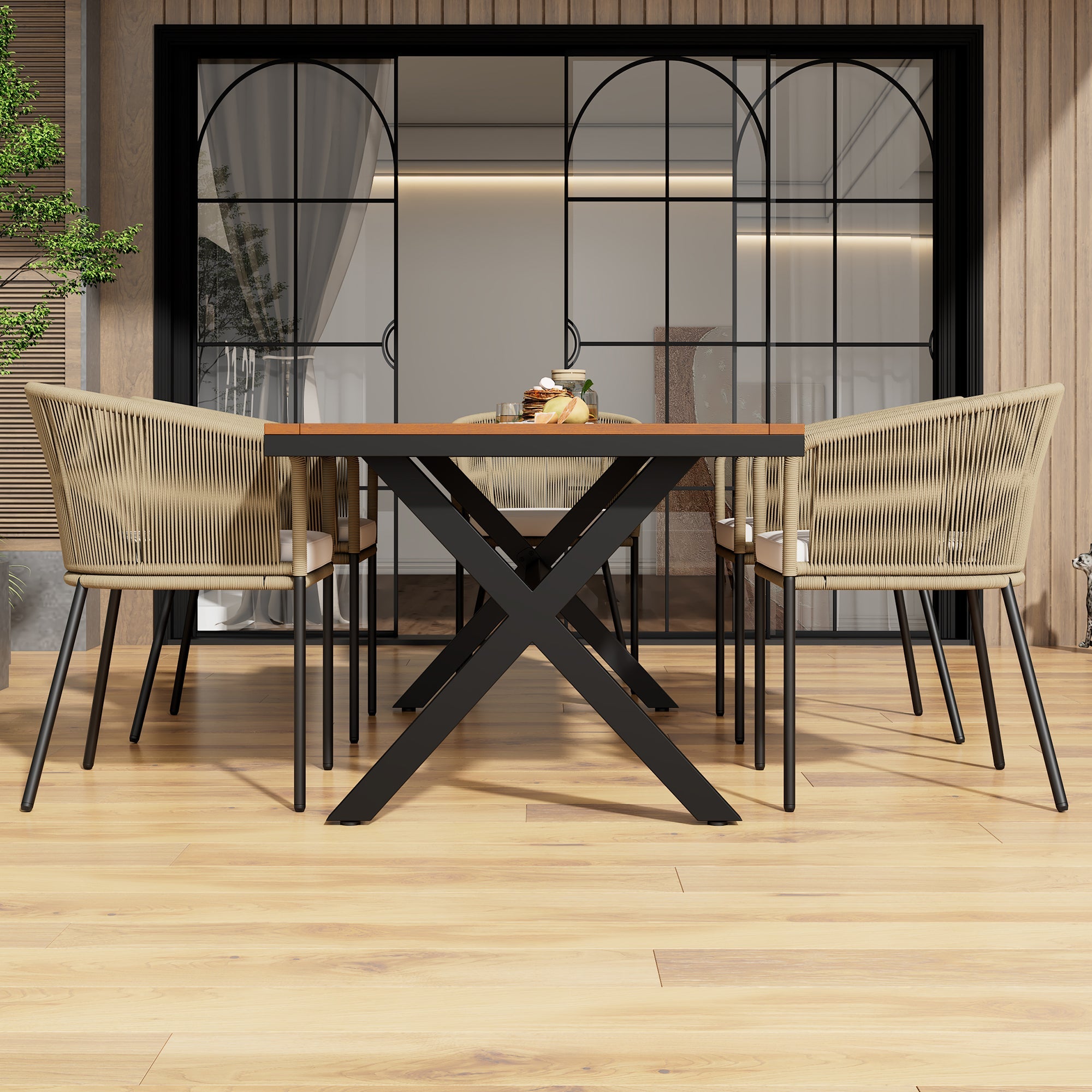 Logidon Tuineetset 7-delig Rope Lounge met acaciahouten tafel beige kussens
