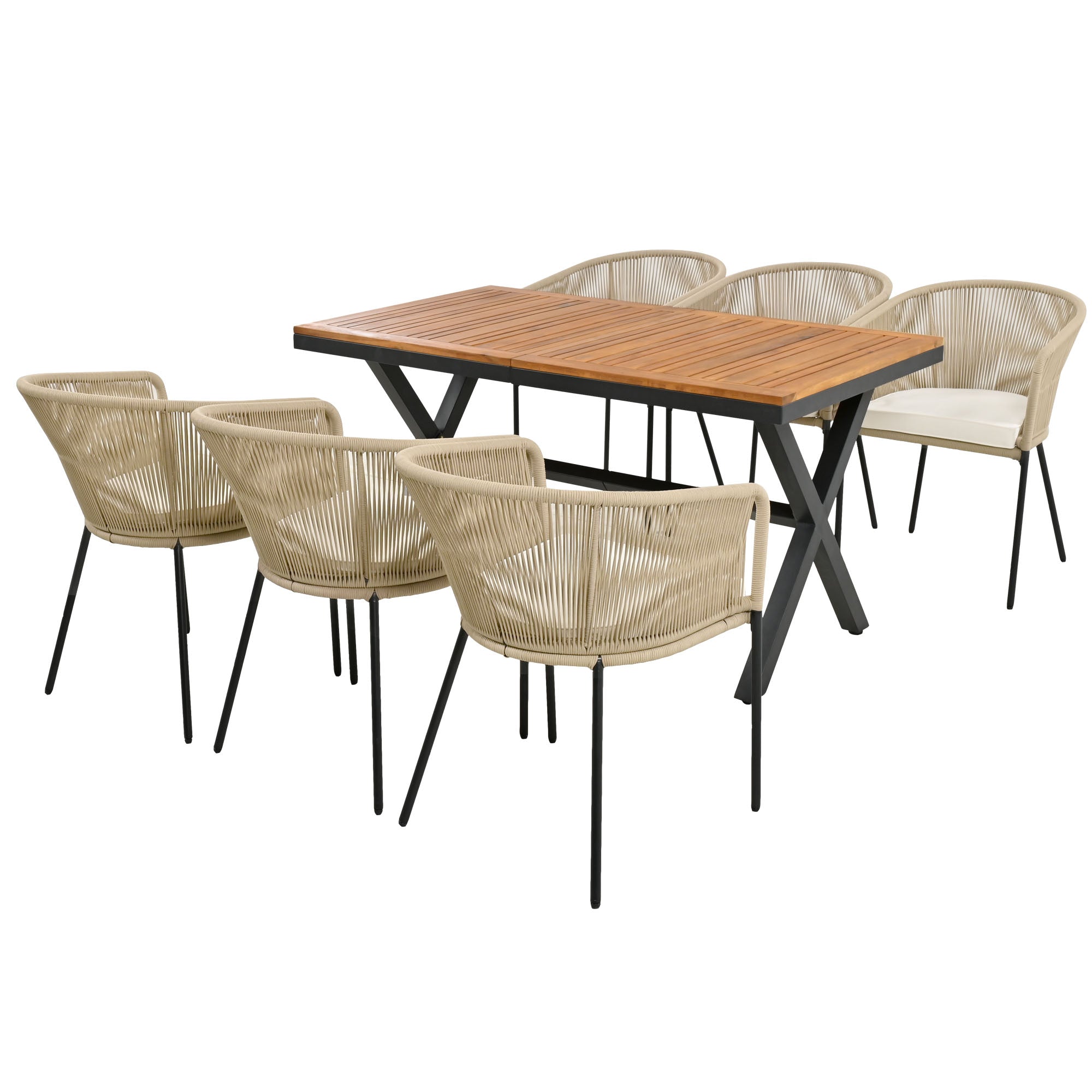Logidon Tuineetset 7-delig Rope Lounge met acaciahouten tafel beige kussens