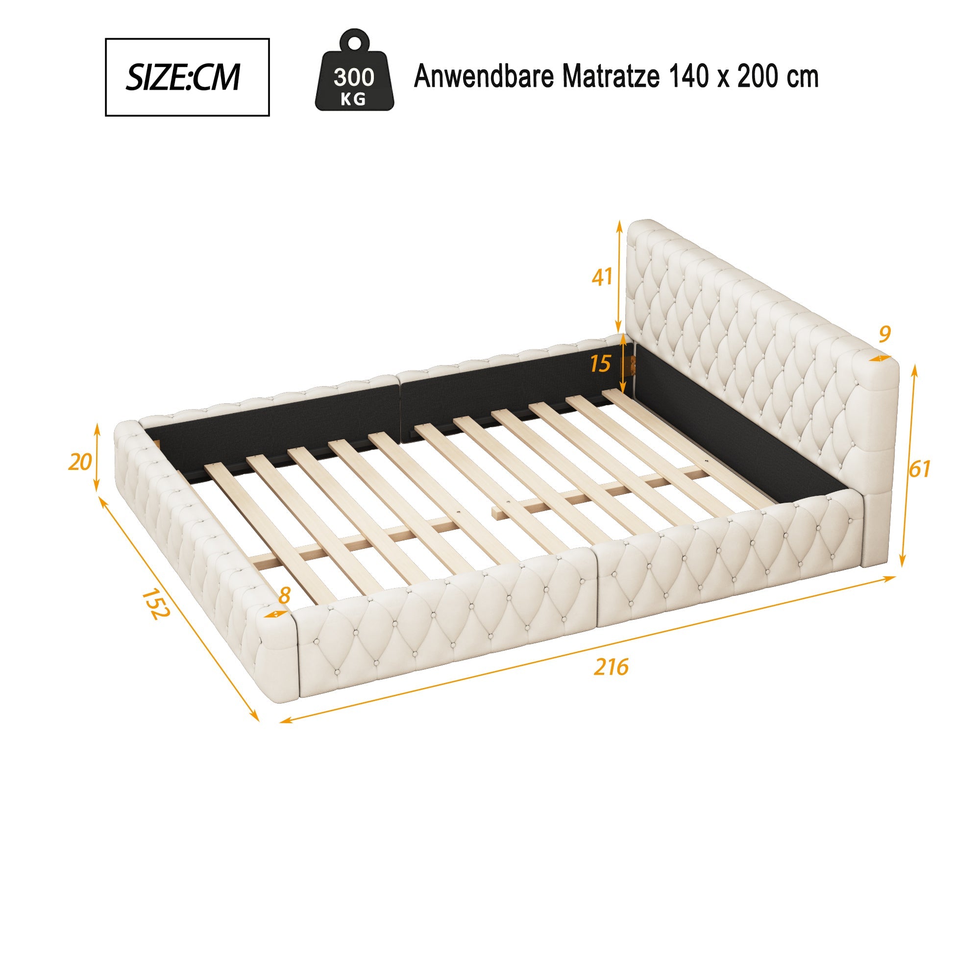 Logidon gestoffeerd jeugd tweepersoonsbed 140 x 200 cm beige velours