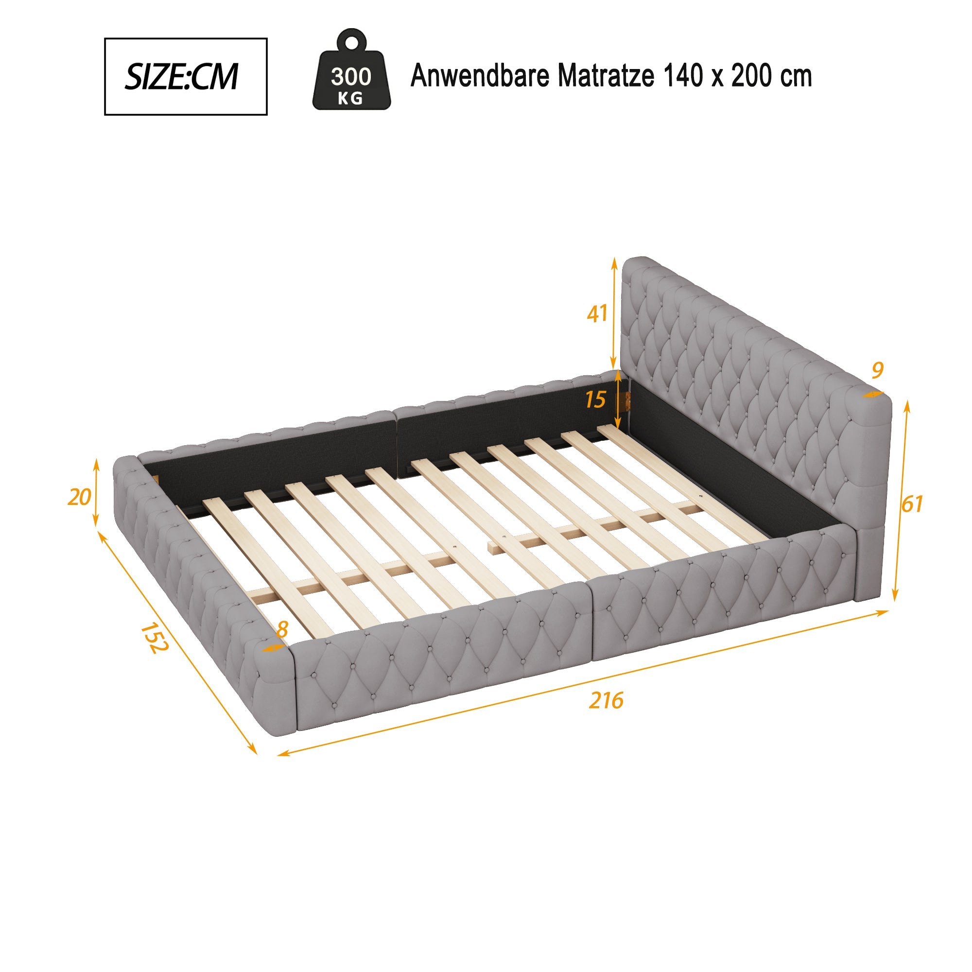 Logidon gestoffeerd bed jeugd tweepersoonsbed 140 x 200 cm velours grijs