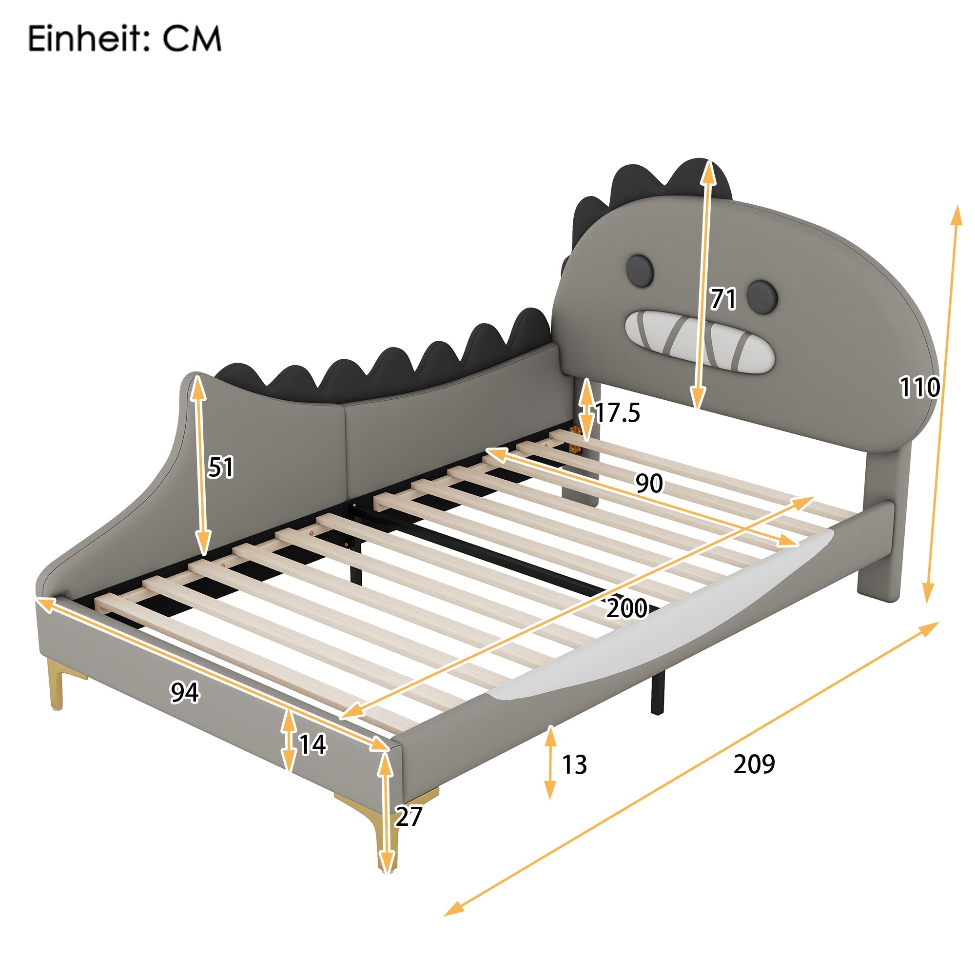 Logidon 90x200 cm kinderbed dinosaurus hoofdbord grijs plat bed