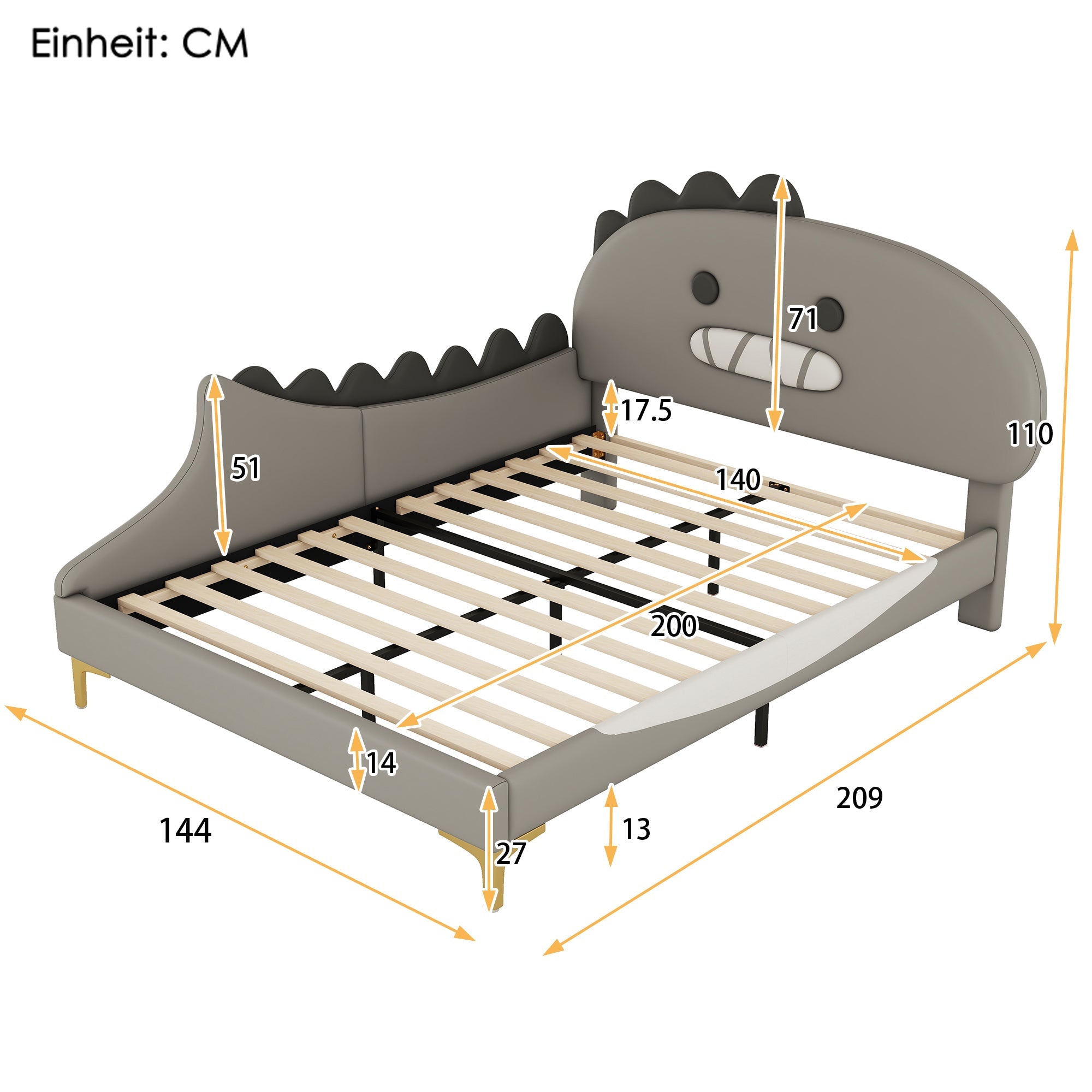 Logidon kinderbed 140x200 grijs dinosaurusvormig plat bed PU-materiaal