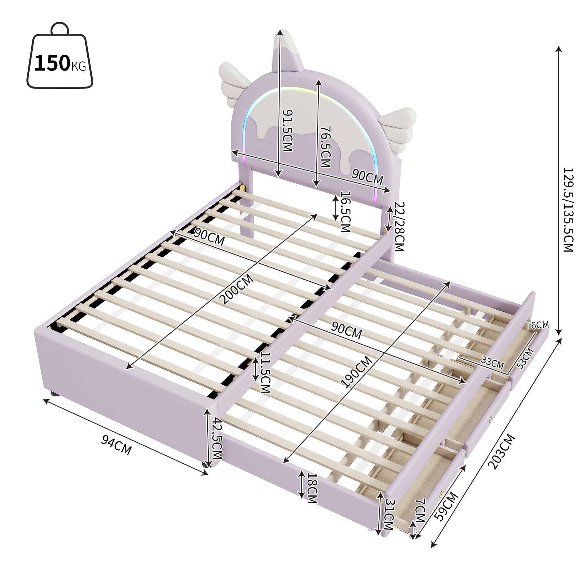 Logidon eenhoorn kinderbed 90x200 cm, uitschuifbaar onderschuifbed, paars