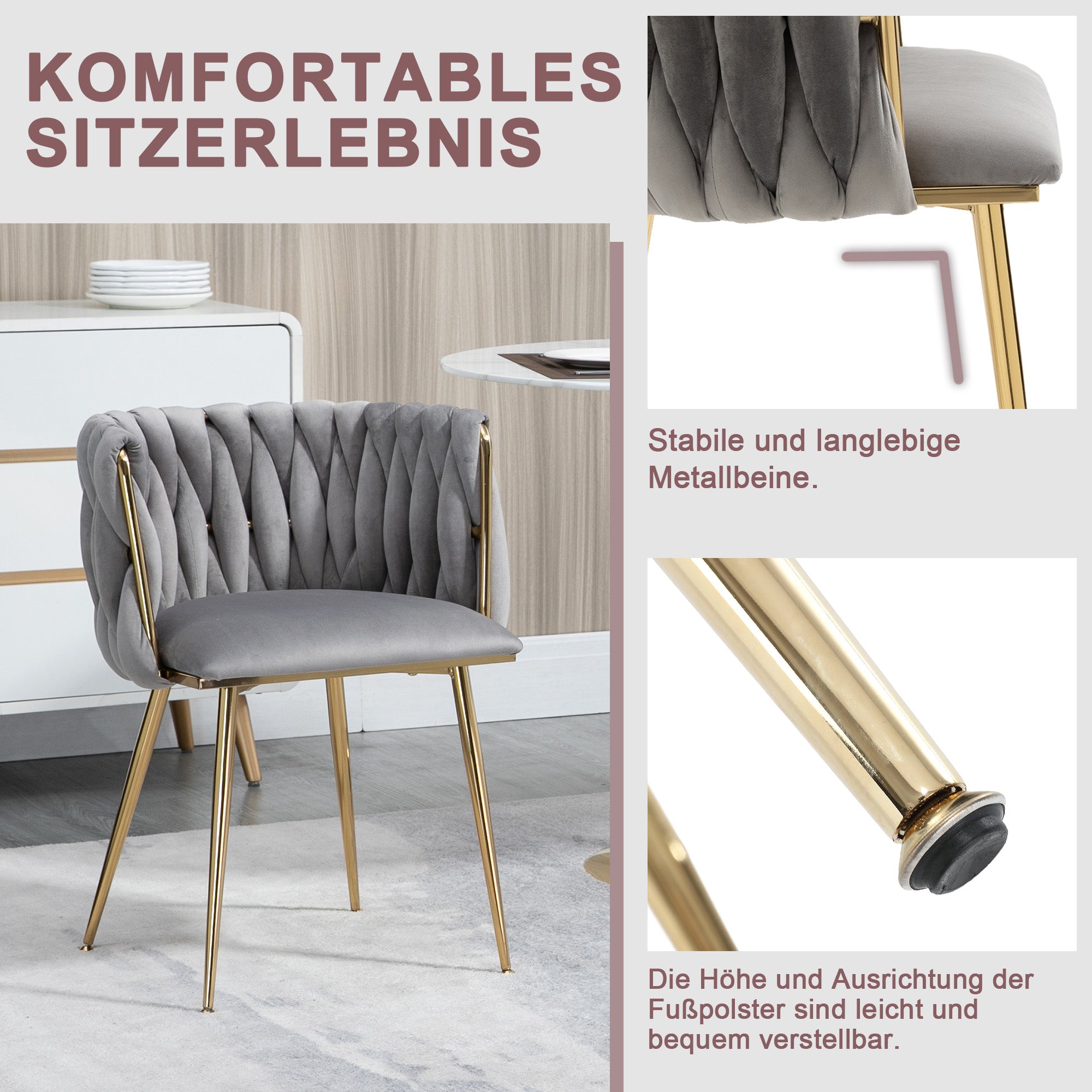 Logidon Luxe Velvet Eetkamerstoelenset Grijs Set van 2 met Gouden Poten