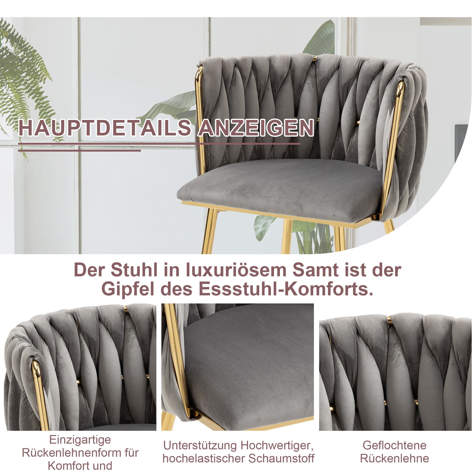 Logidon Luxe Velvet Eetkamerstoelenset Grijs Set van 2 met Gouden Poten