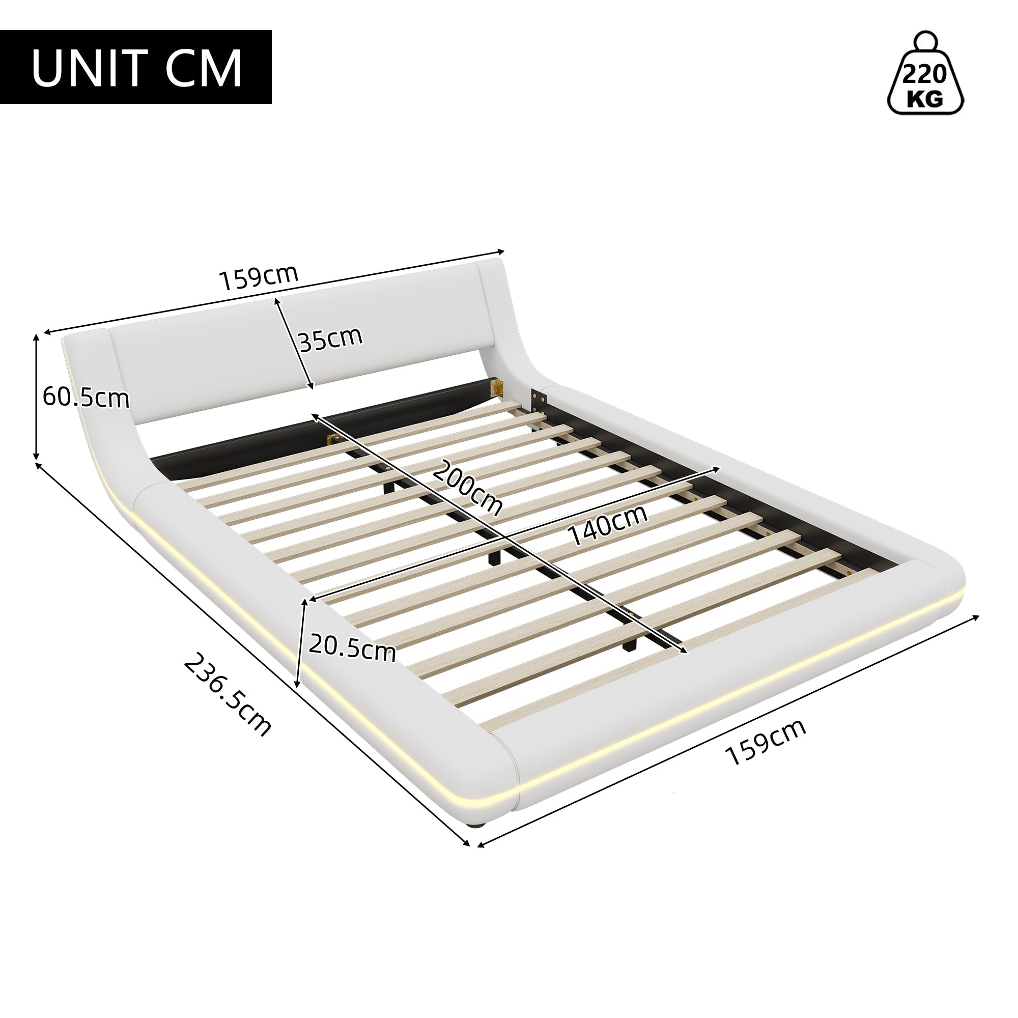 Logidon vlakbed 140x200 cm wit PU LED licht 24T afstandsbediening