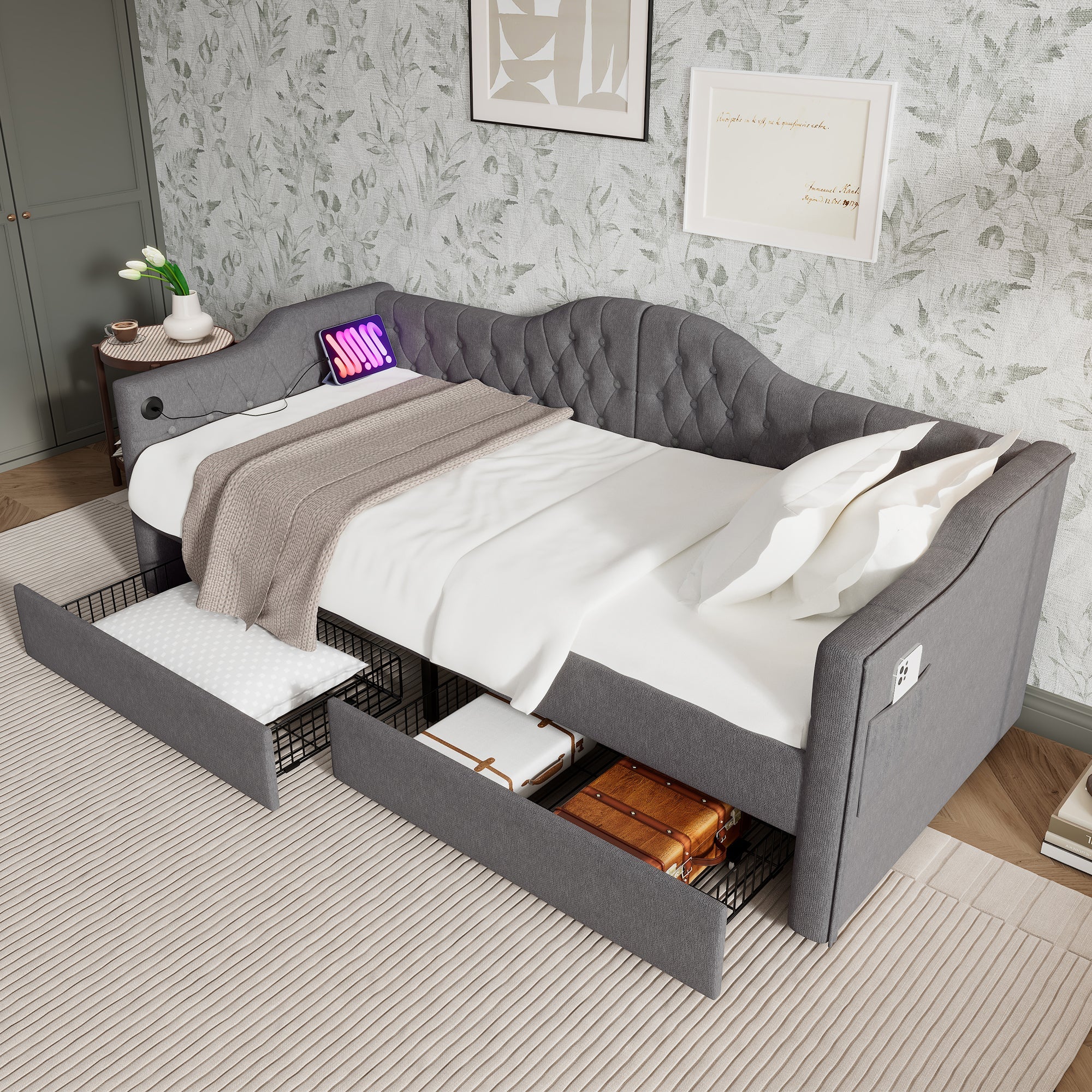 Logidon upholstered daybed 90x200 gray USB-C charging function 2 drawers