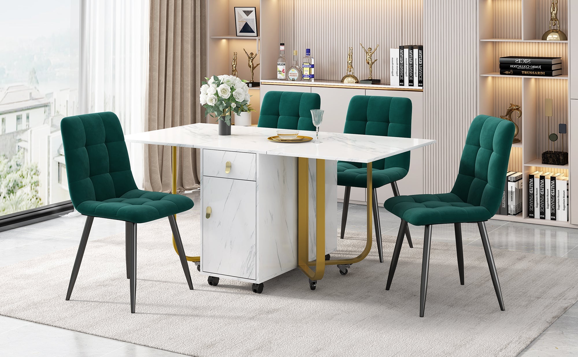 Logidon eettafelgroep 150x80 cm opklapbaar met 4 fluwelen stoelen groen