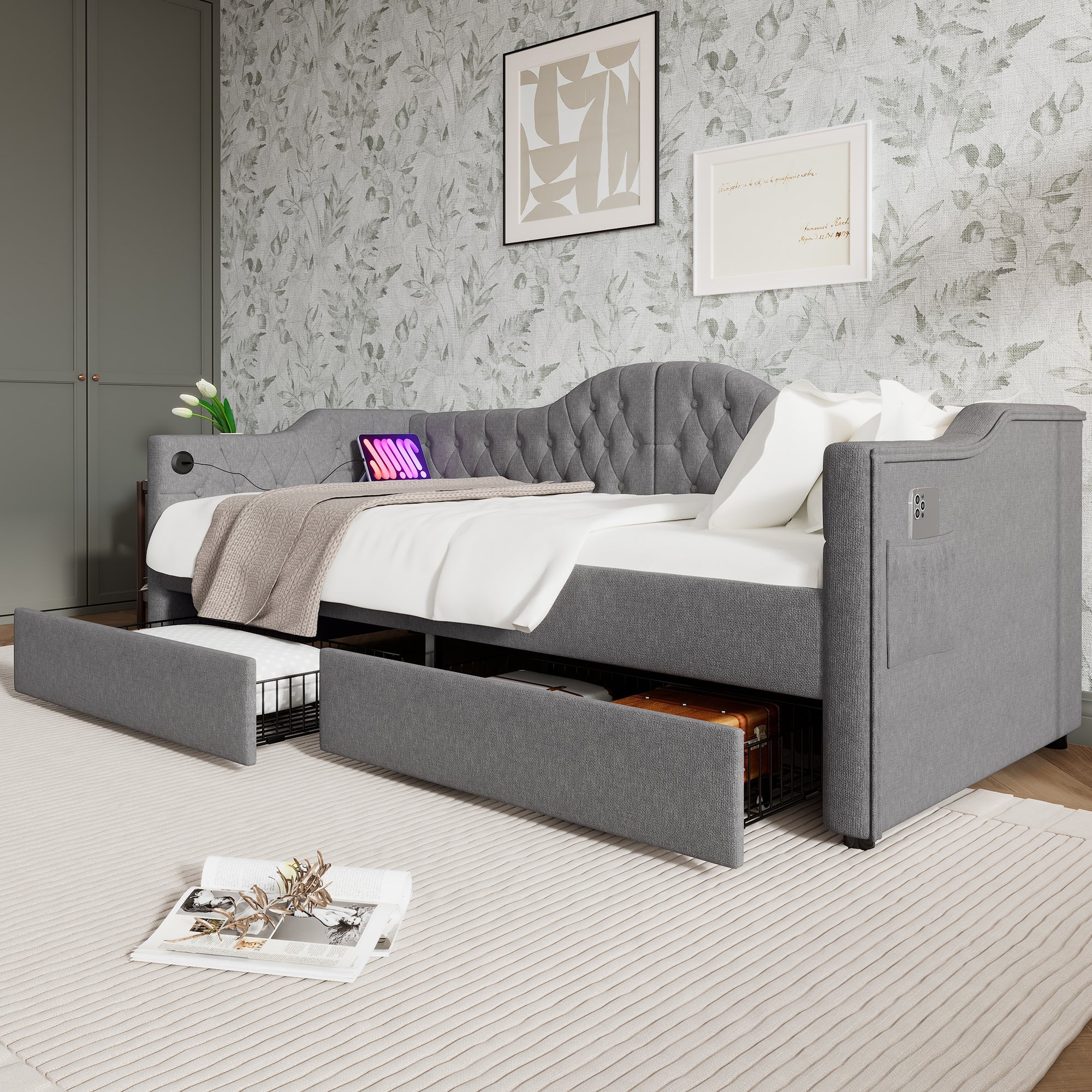 Logidon upholstered daybed 90x200 gray USB-C charging function 2 drawers
