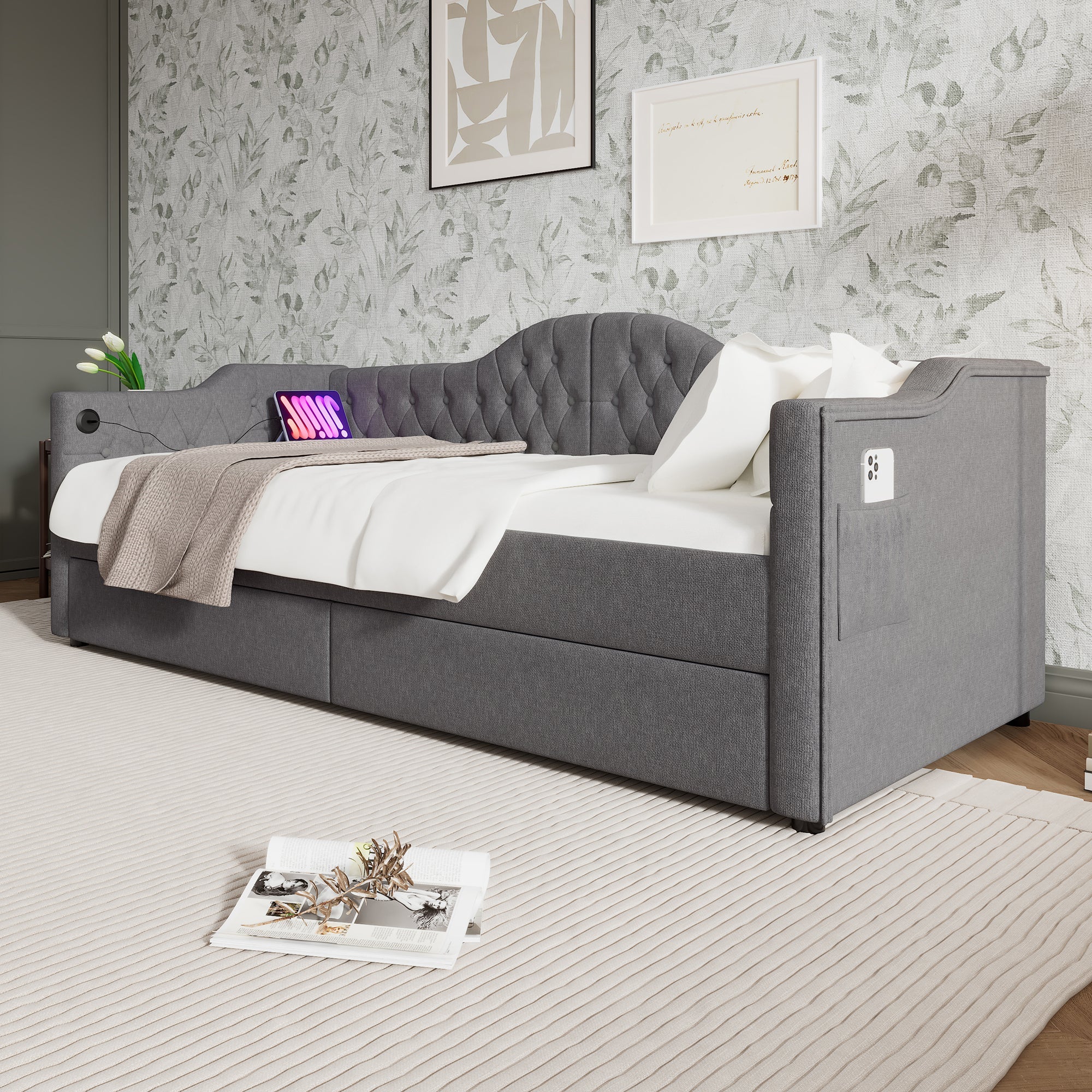 Logidon upholstered daybed 90x200 gray USB-C charging function 2 drawers
