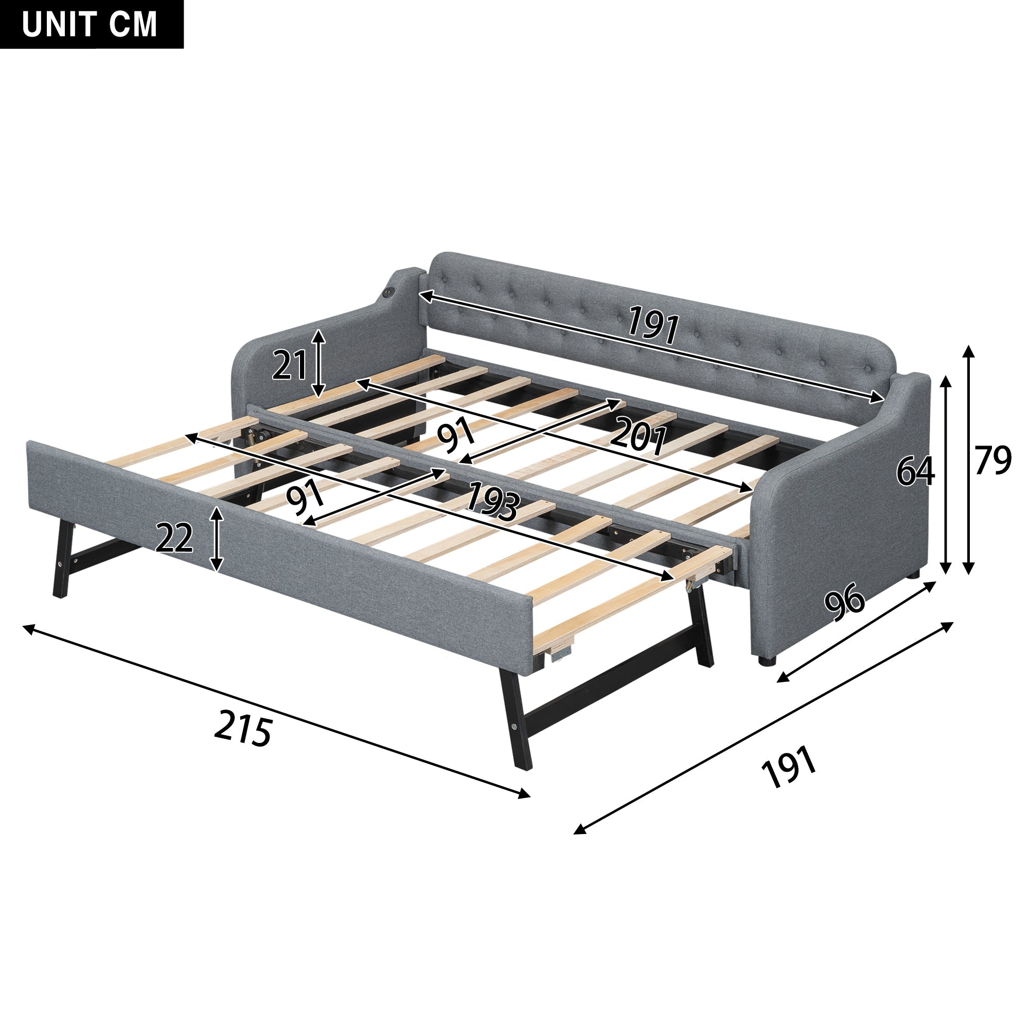 Logidon slaapbank 90x200 cm dagbed, uitschuifbaar bed, USB, grijs