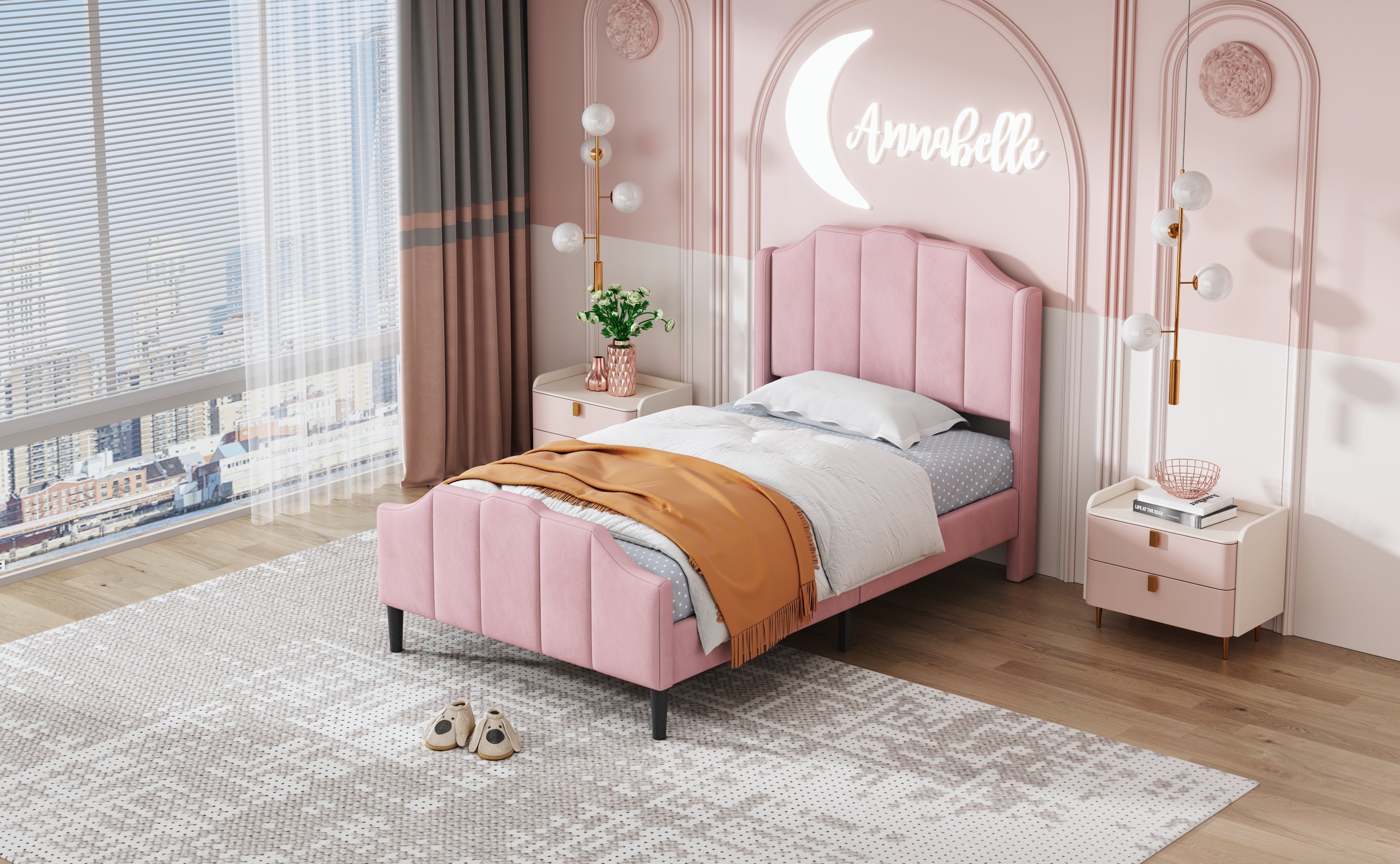 Logidon upholstered bed 90x200 pink velvet children's bed with headboard slatted frame