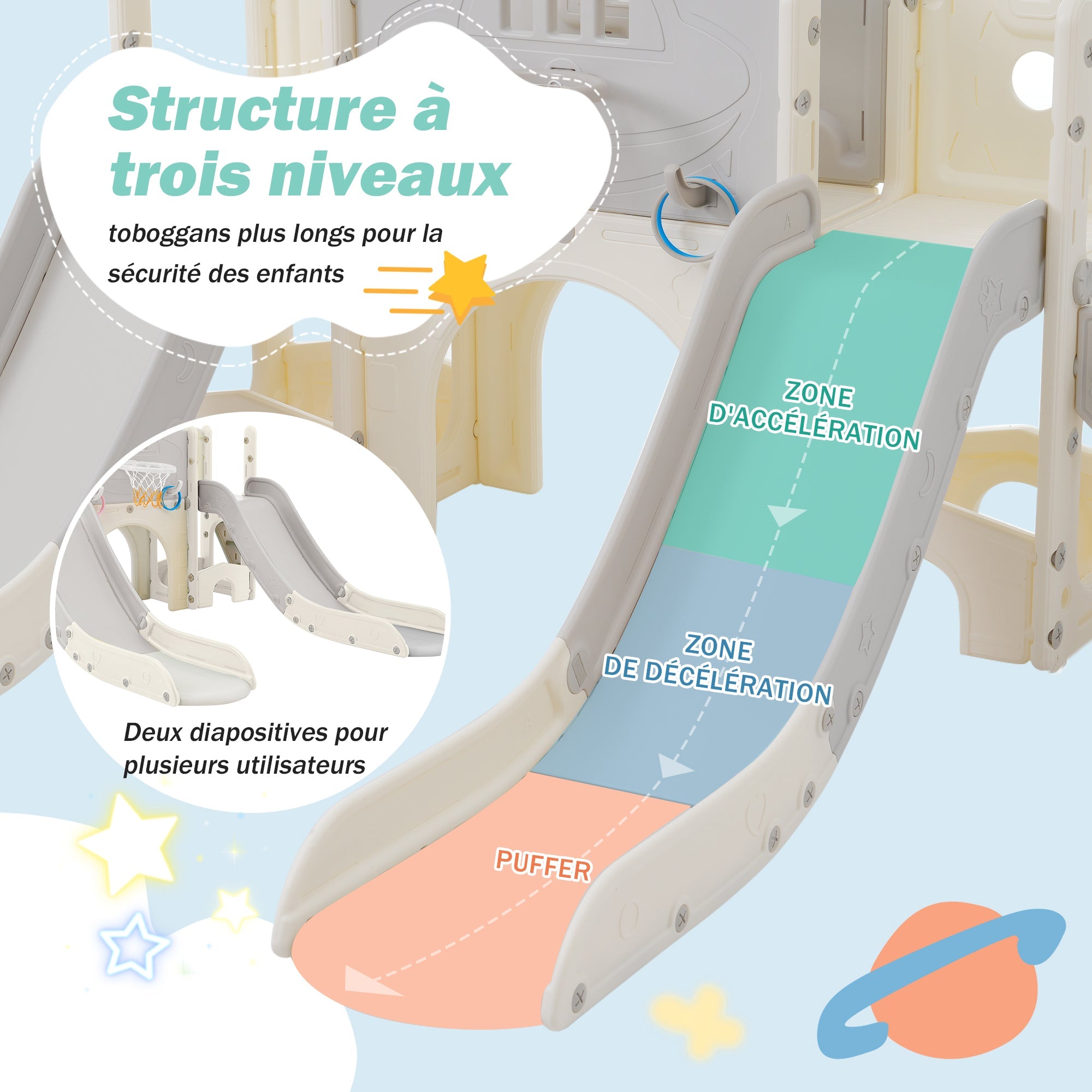 Logidon 8-in-1 kinderglijbaan vrijstaande speelset antiek grijs wit