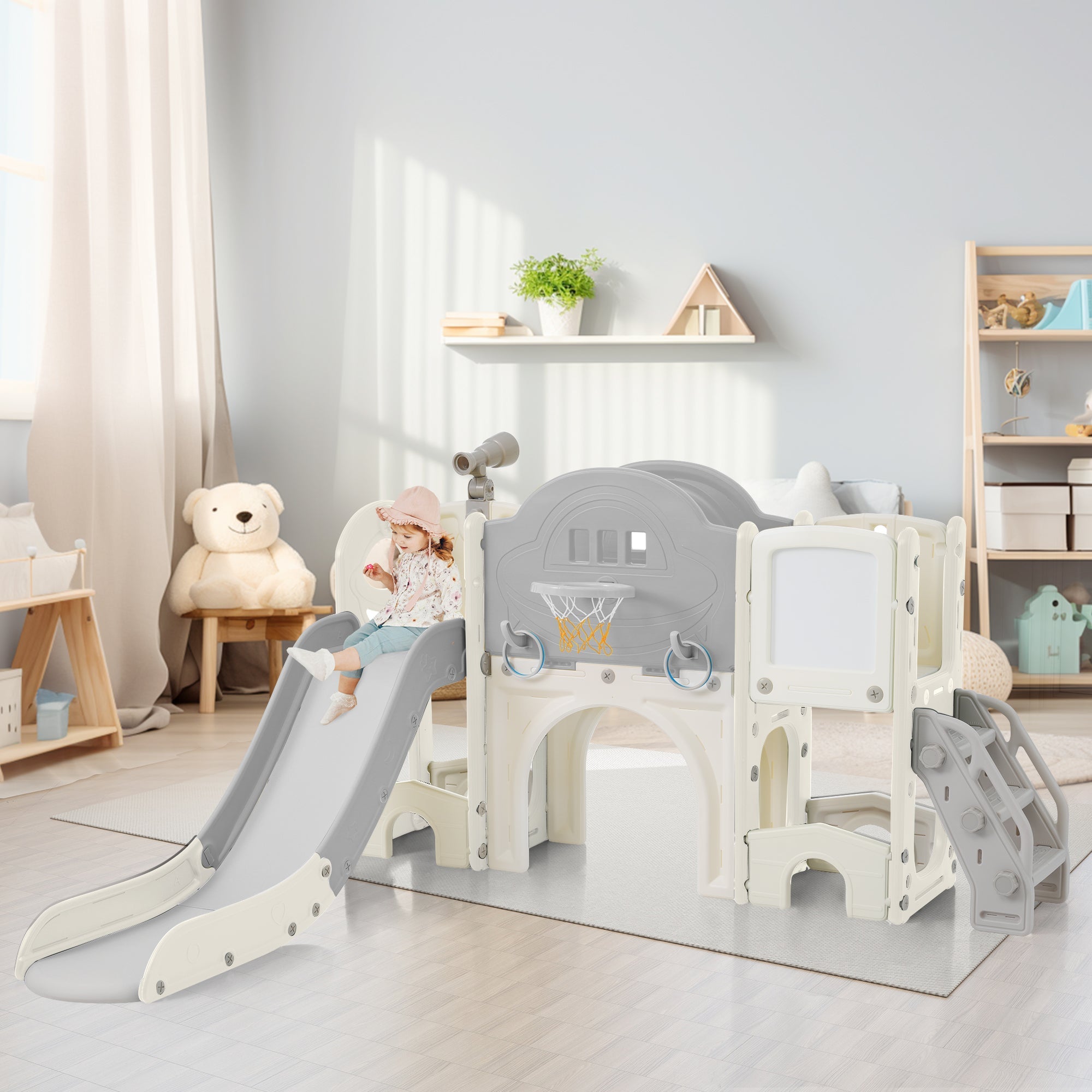 Logidon 10 in 1 Kinderglijbaan Antiek Grijs Wit Vrijstaand Speeltoestel