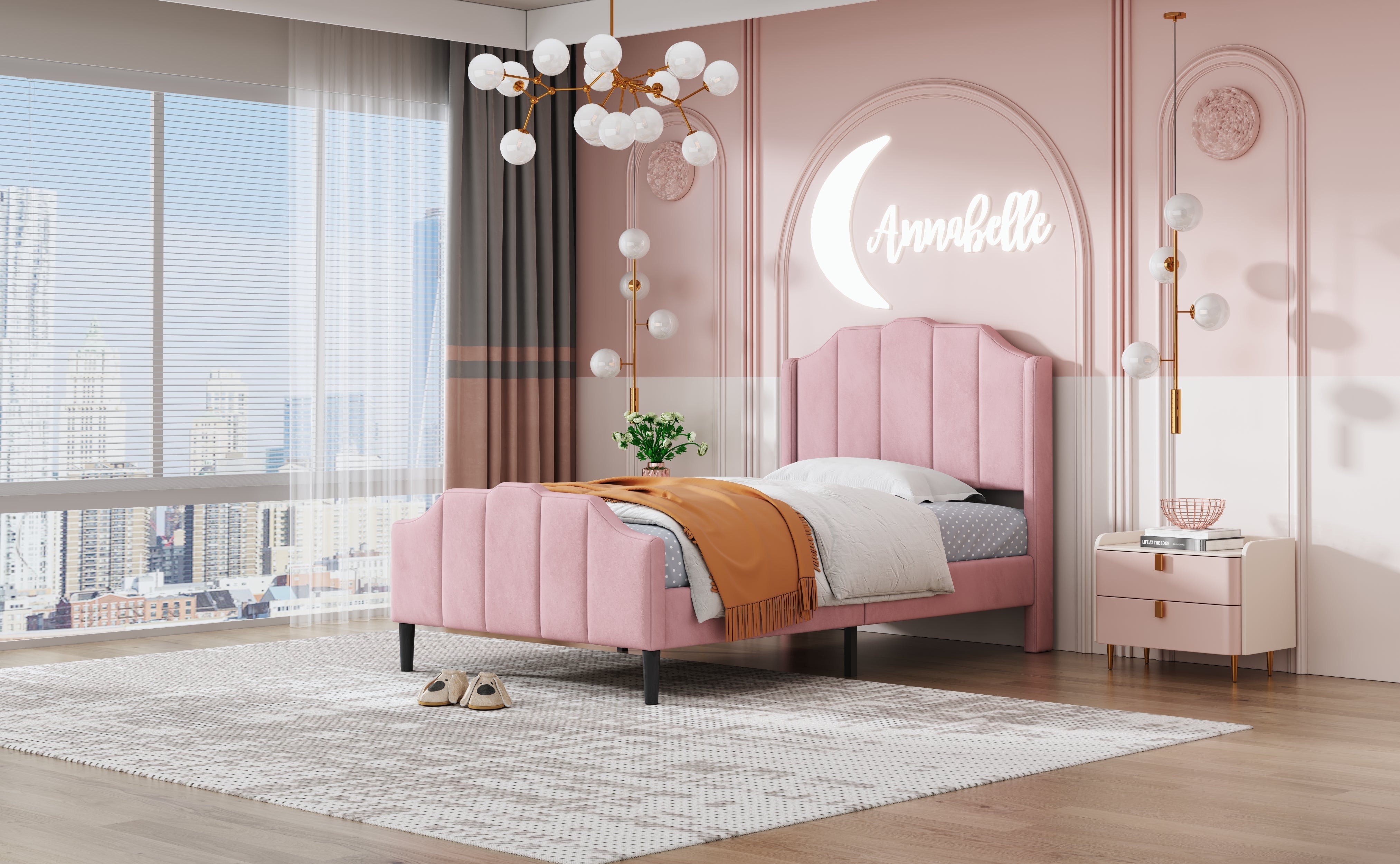 Logidon upholstered bed 90x200 pink velvet children's bed with headboard slatted frame