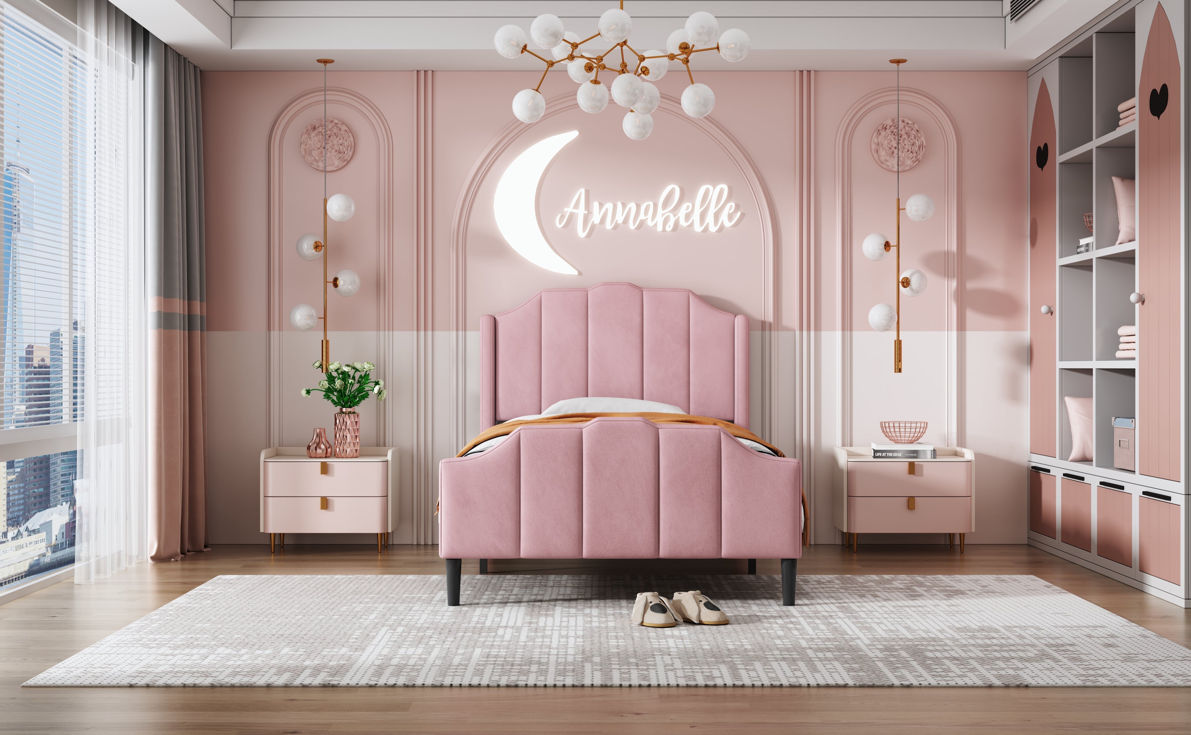 Logidon upholstered bed 90x200 pink velvet children's bed with headboard slatted frame