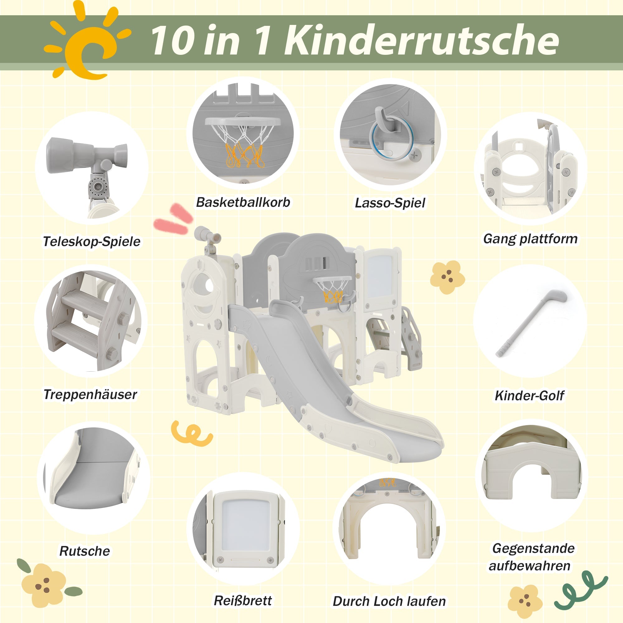 Logidon 10 in 1 Kinderglijbaan Antiek Grijs Wit Vrijstaand Speeltoestel