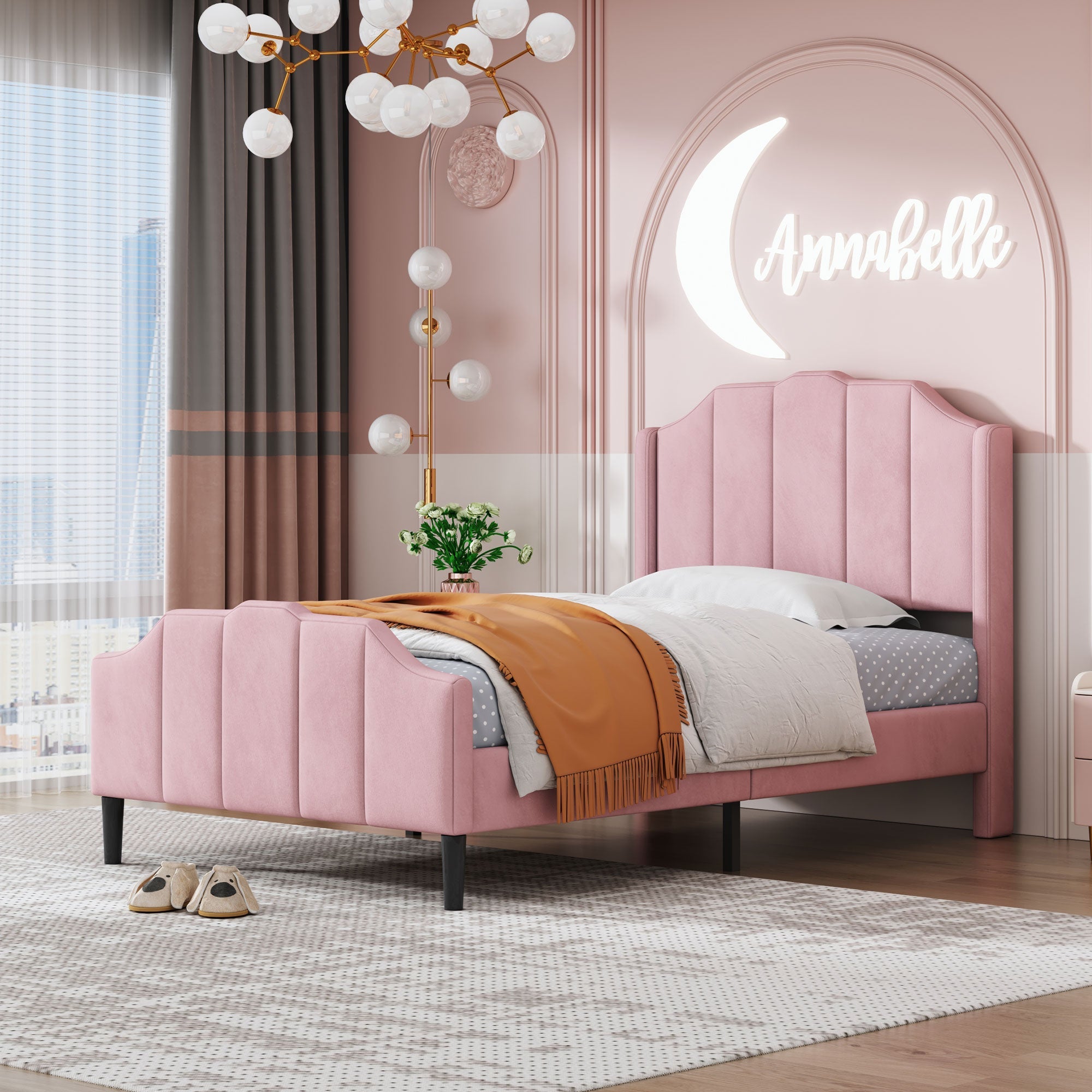 Logidon upholstered bed 90x200 pink velvet children's bed with headboard slatted frame