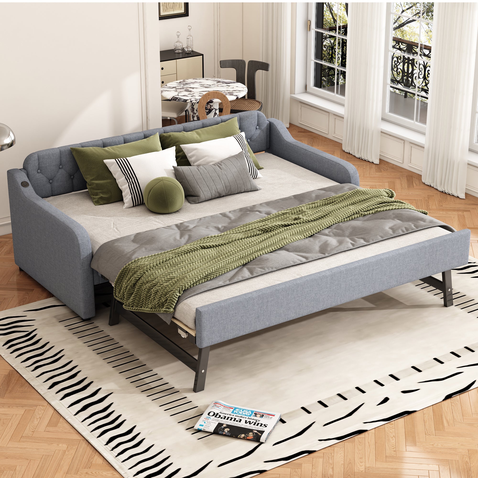 Logidon slaapbank 90x200 cm dagbed, uitschuifbaar bed, USB, grijs