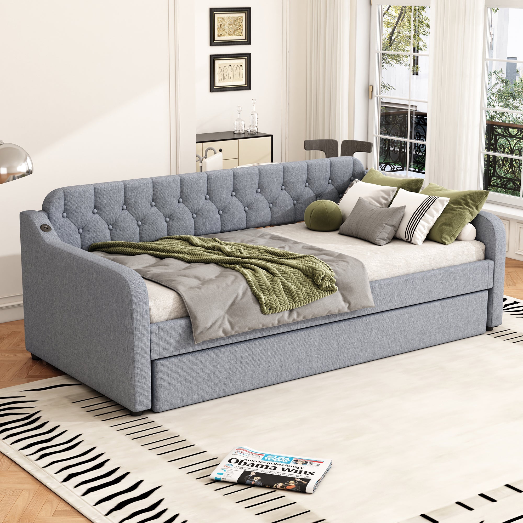 Logidon slaapbank 90x200 cm dagbed, uitschuifbaar bed, USB, grijs